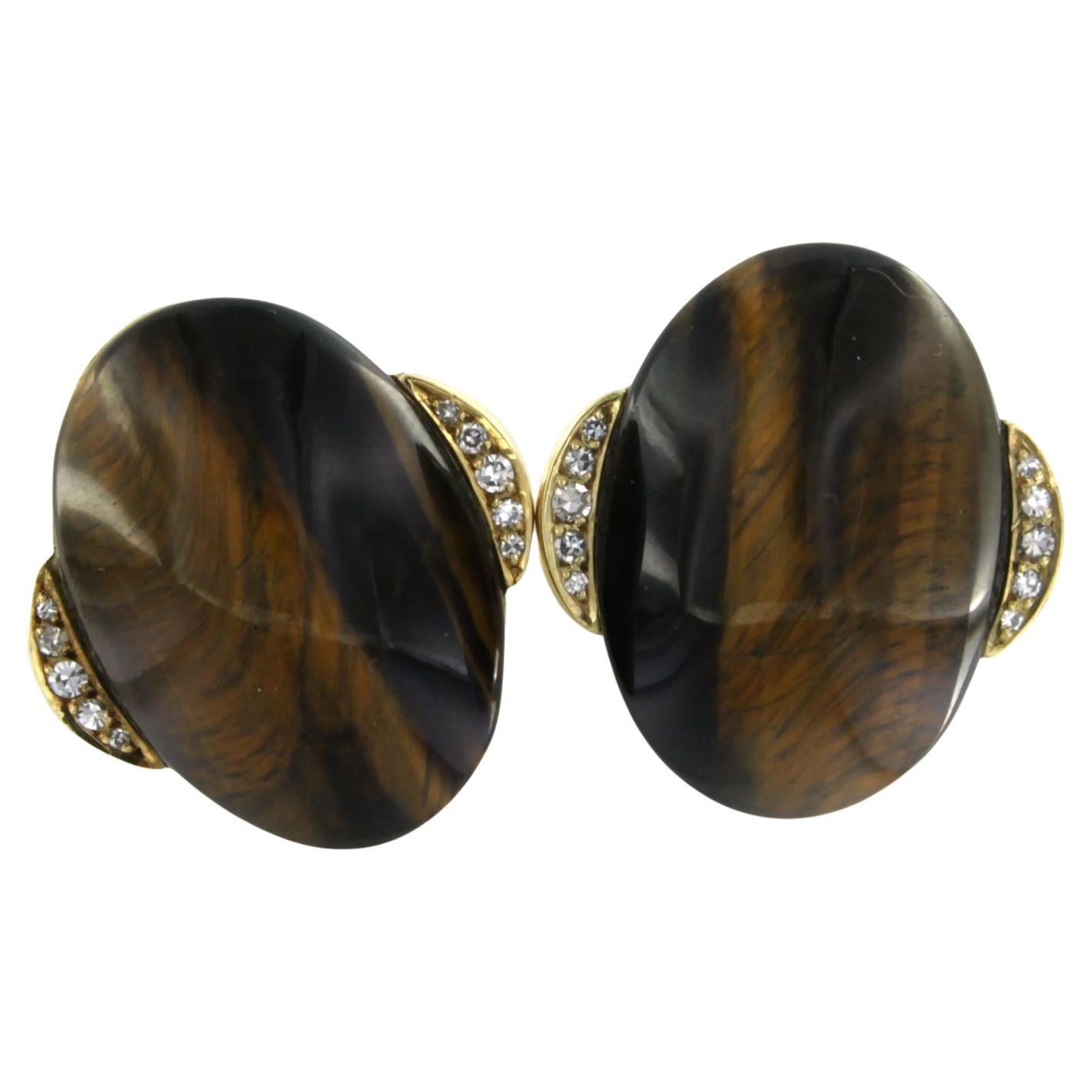 Pendientes con ojo de tigre y diamante talla única total 0,20ct, oro amarillo 14k