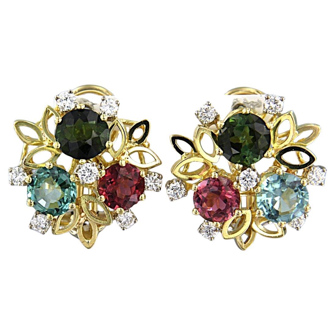 Orecchini con topazio, tormalina e diamanti taglio brillante fino a 0,80ct in oro 14k