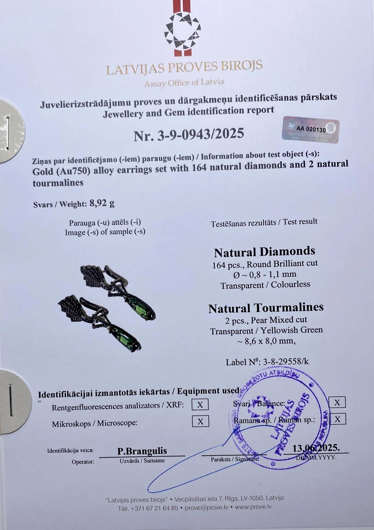 Pendientes con gemas naturales Turmalina y Diamante, Oro Blanco 18 Kilates en venta 6