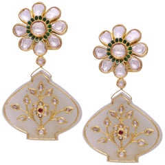 Earrings with Uncut Diamonds & Enamel withJade Hangings with Diamonds and Rubies