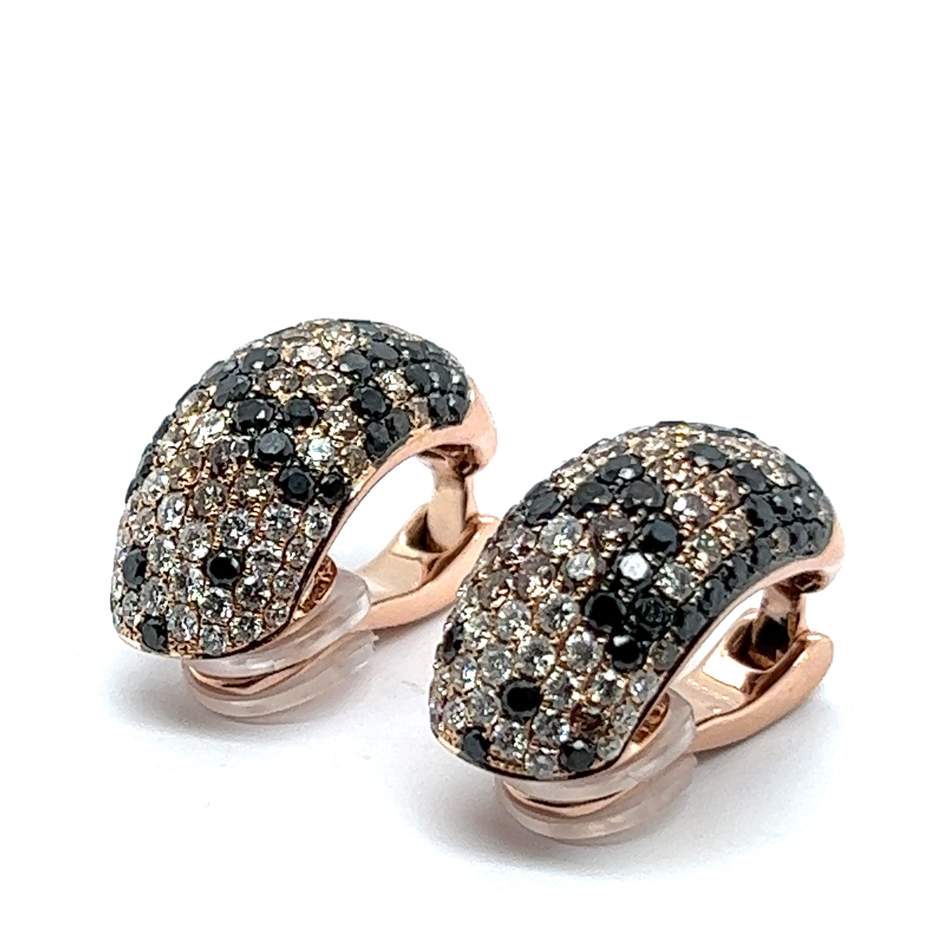 Artisan Earrings with White, Black and Champange Diamonds in 18 Karat Red Gold For Sale