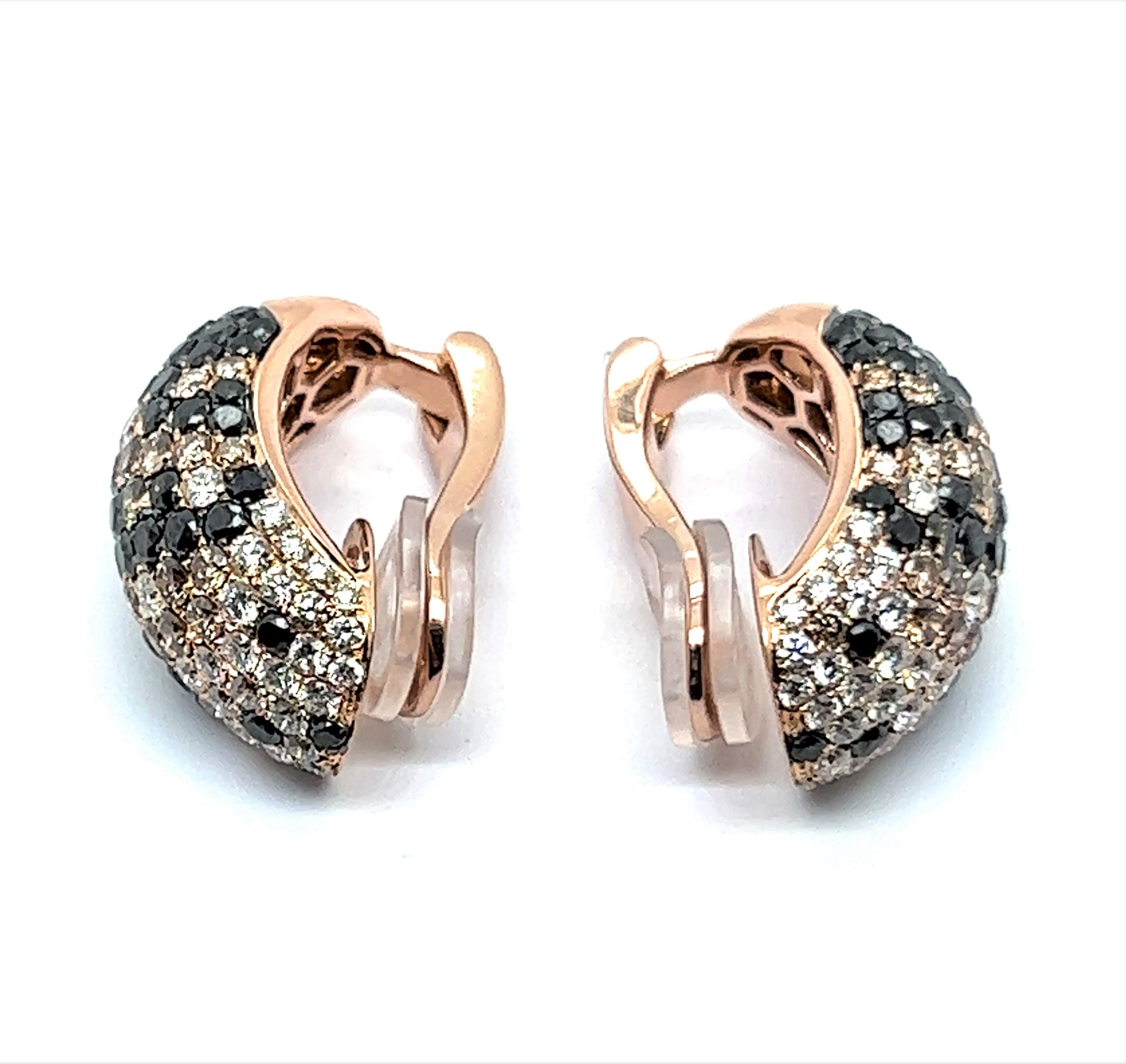 Brilliant Cut Earrings with White, Black and Champange Diamonds in 18 Karat Red Gold For Sale