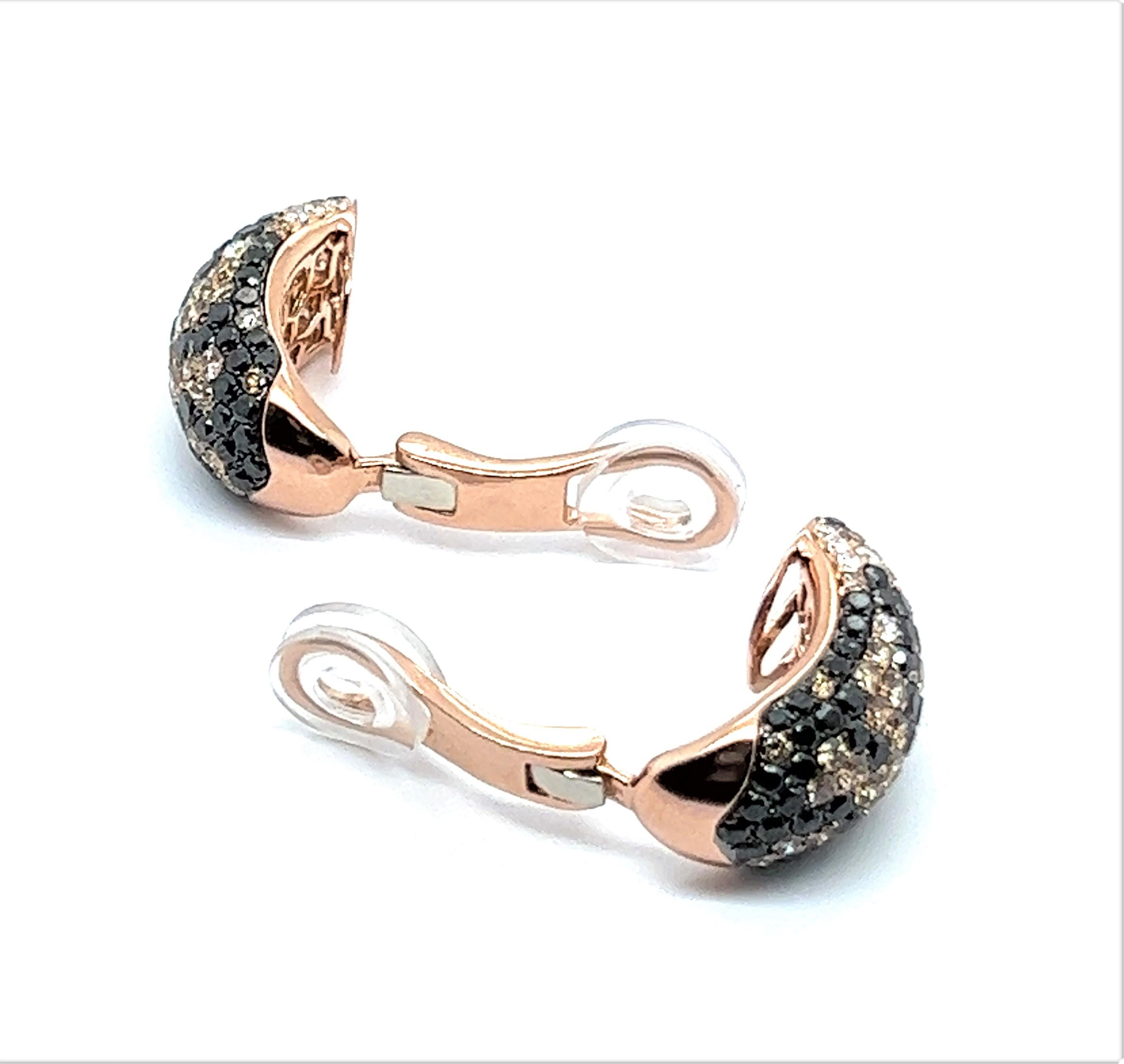 Women's or Men's Earrings with White, Black and Champange Diamonds in 18 Karat Red Gold For Sale