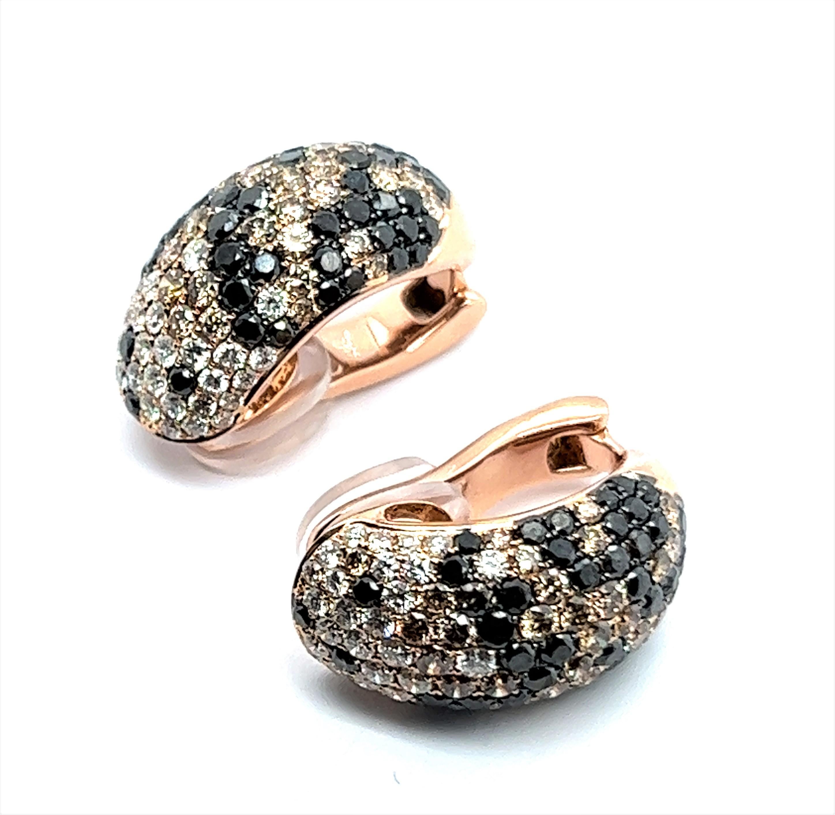 Earrings with White, Black and Champange Diamonds in 18 Karat Red Gold For Sale 1