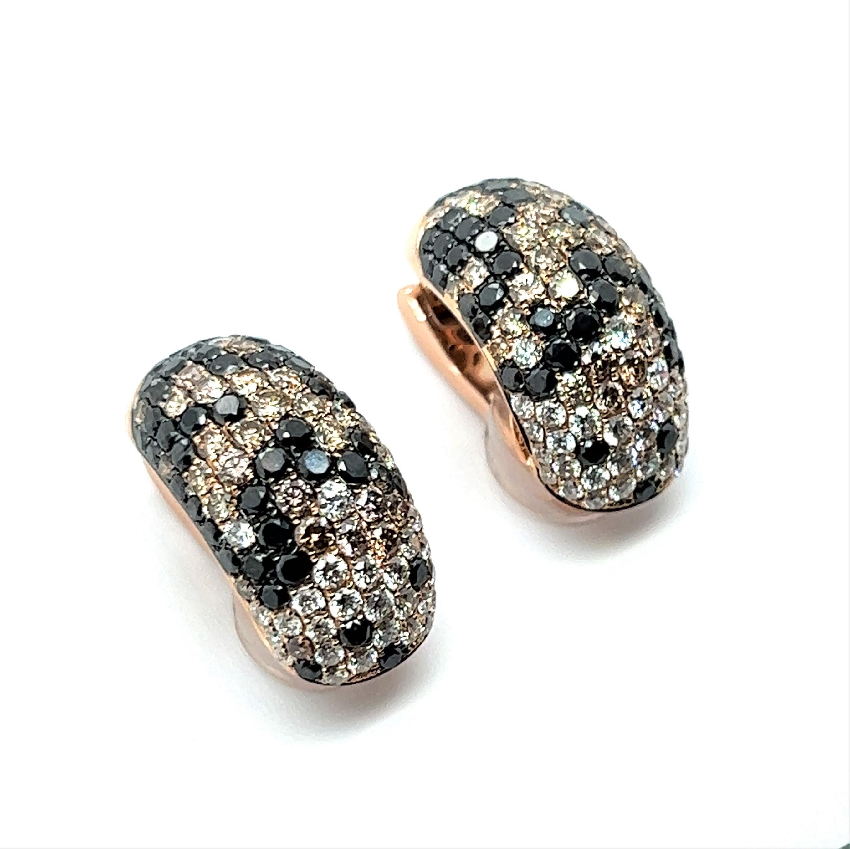 Earrings with White, Black and Champange Diamonds in 18 Karat Red Gold For Sale 3