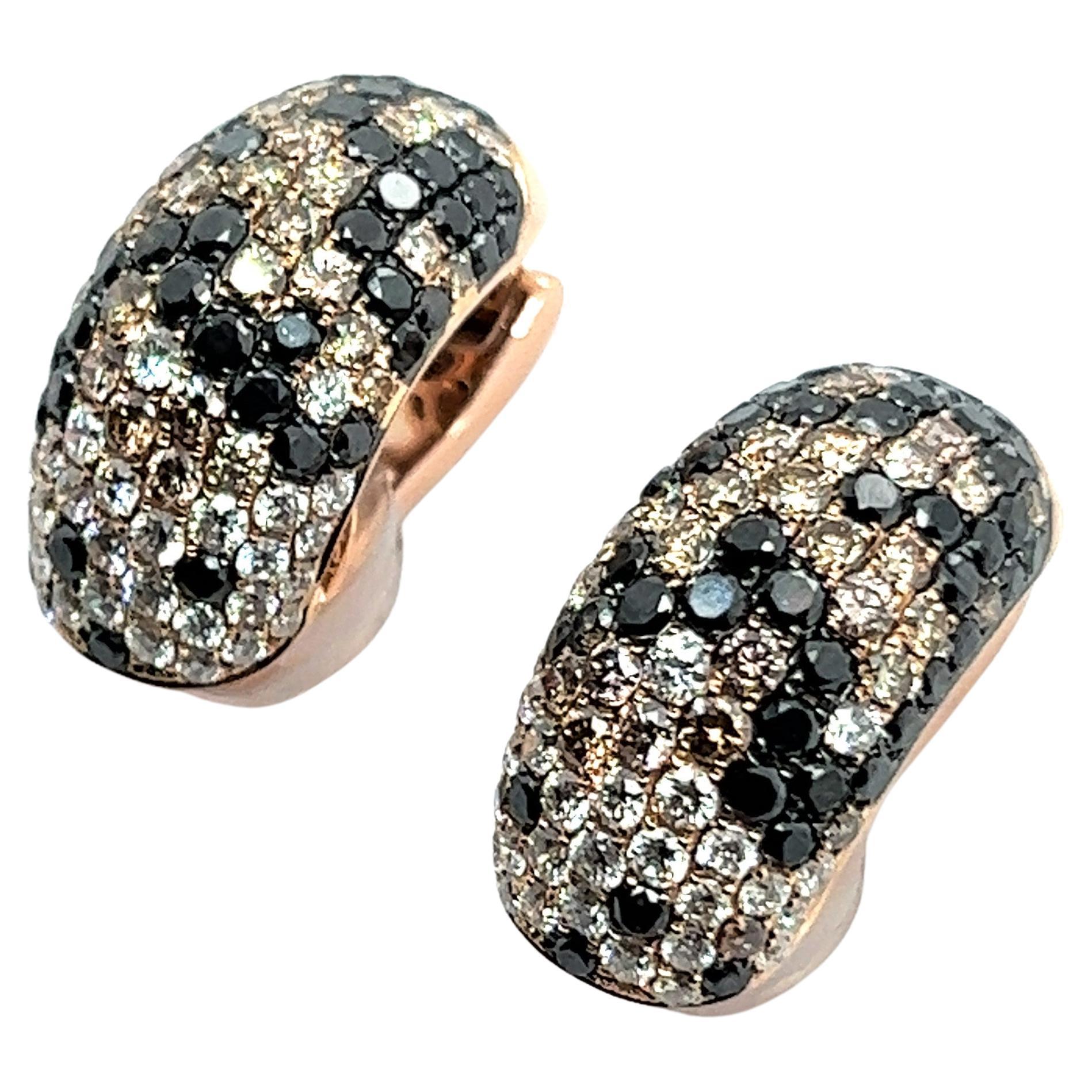 Earrings with White, Black and Champange Diamonds in 18 Karat Red Gold For Sale