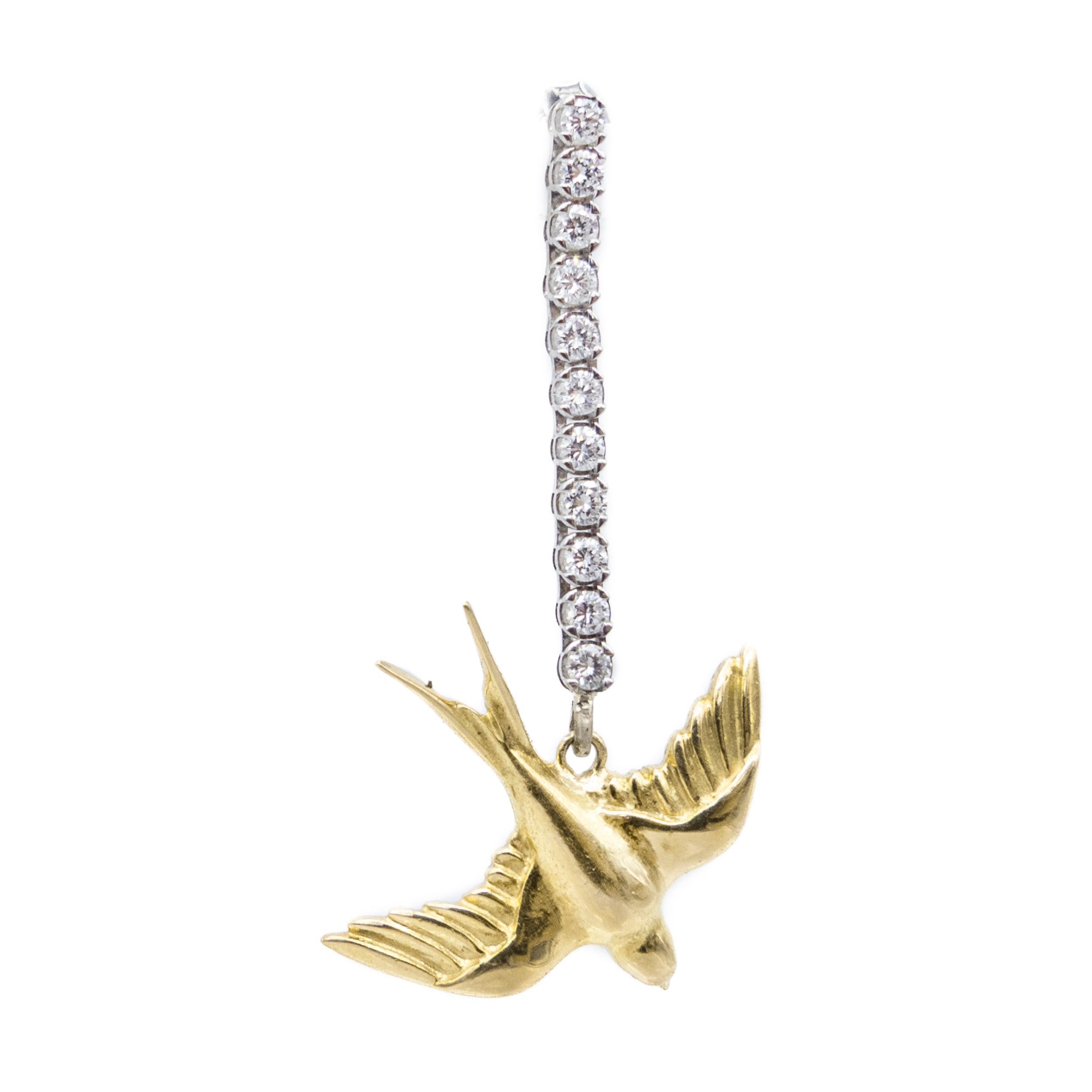 Brilliant Cut Earrings Yellow 18 Karat Gold White Gold Rivière Diamonds Swallow For Sale