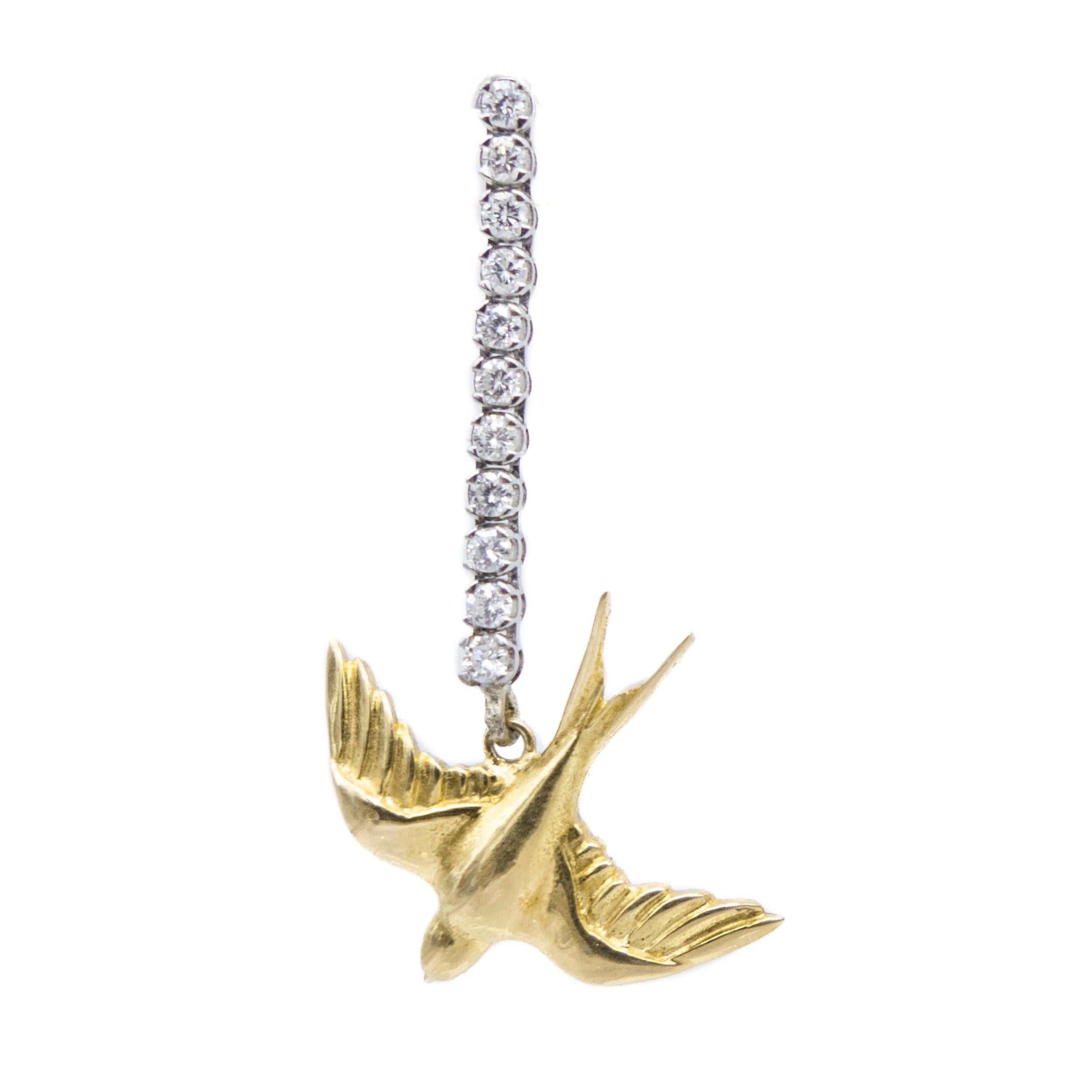 Earrings Yellow 18 Karat Gold White Gold Rivière Diamonds Swallow In New Condition For Sale In Valencia, ES