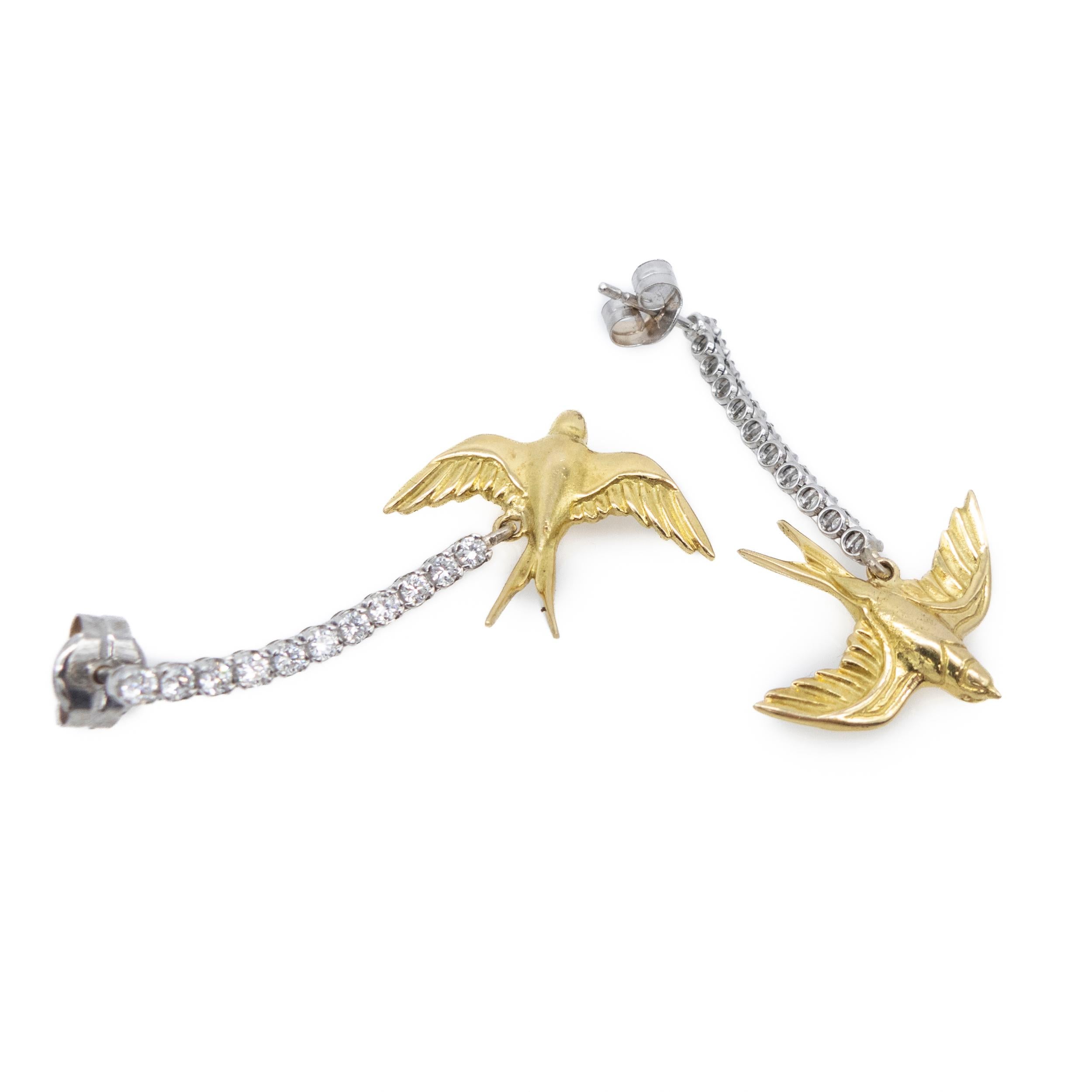 Brilliant Cut Earrings Yellow 18 Karat Gold White Gold Rivière Diamonds Swallow For Sale