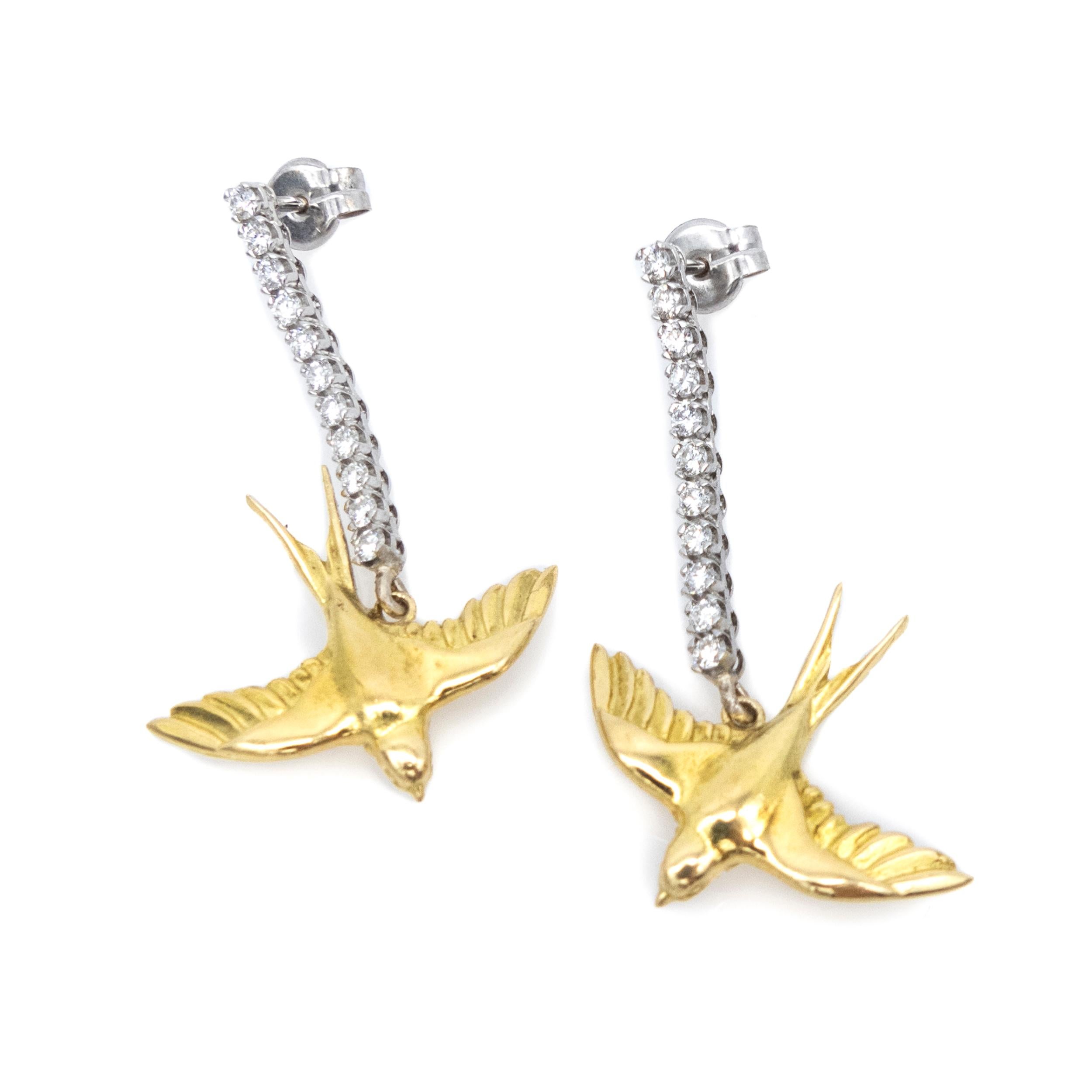 Earrings Yellow 18 Karat Gold White Gold Rivière Diamonds Swallow For Sale 1