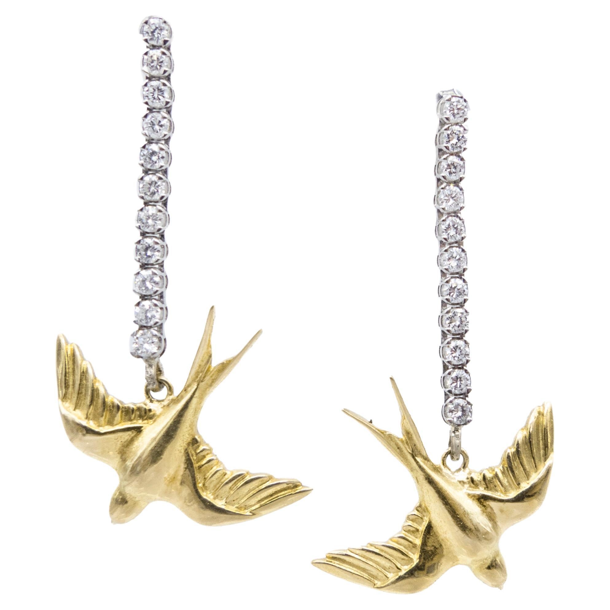 Earrings Yellow 18 Karat Gold White Gold Rivière Diamonds Swallow For Sale