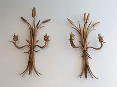 Ears of Wheat Gilt Iron Wall Sconces, French, circa 1970