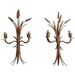 Ears of Wheat Gilt Iron Wall Sconces, French, circa 1970