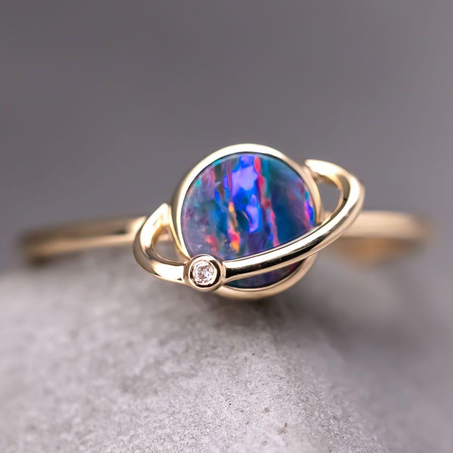 Brilliant Cut Earth and Moon Design Australian Doublet Opal & Diamond Ring 18K Yellow Gold. For Sale