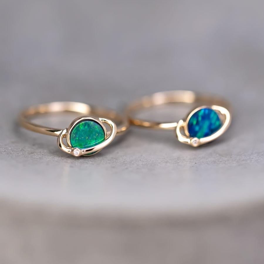 Arts and Crafts Earth and Moon Design Australian Doublet Opal & Diamond Ring 18K Yellow Gold. For Sale