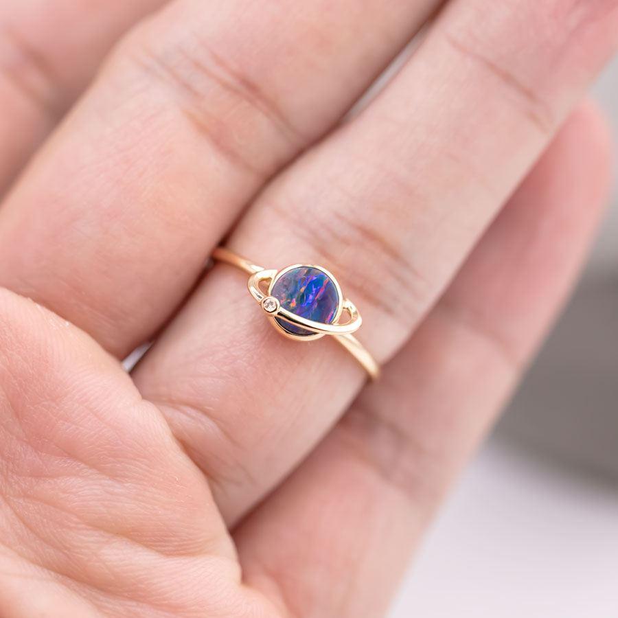 Earth and Moon Design Australian Doublet Opal & Diamond Ring 18K Yellow Gold. For Sale 1