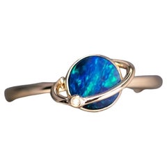 Earth and Moon Design Australian Doublet Opal & Diamond Ring 18K Yellow Gold.