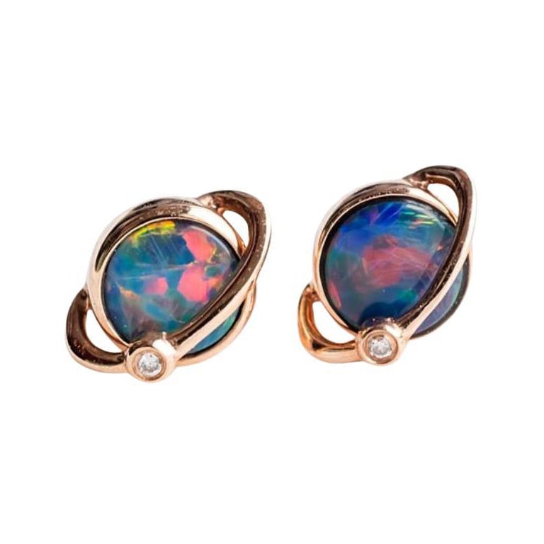 Earth And Moon Design Australian Doublet Opal & Diamond Stud Earrings 14k Rose