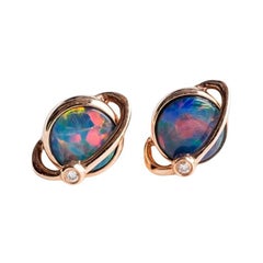 Earth and Moon Design Australian Doublet Opal & Diamond Stud Earrings 14K Rose