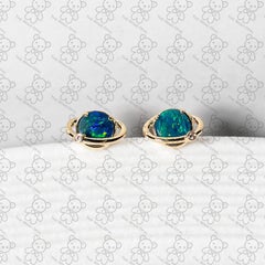 Earth and Moon Design Australian Doublet Opal & Diamond Stud Earrings 14K Yellow