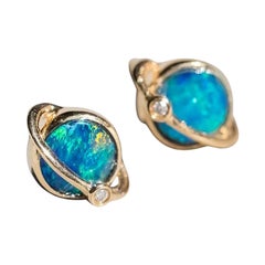 Earth and Moon Design Australian Doublet Opal & Diamond Stud Earrings 14K Yellow