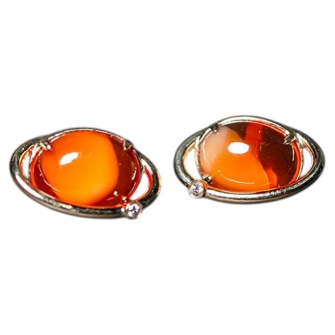Earth and Moon Design Mexican Egg Fire Opal & Diamond Stud Earrings 14K For Sale
