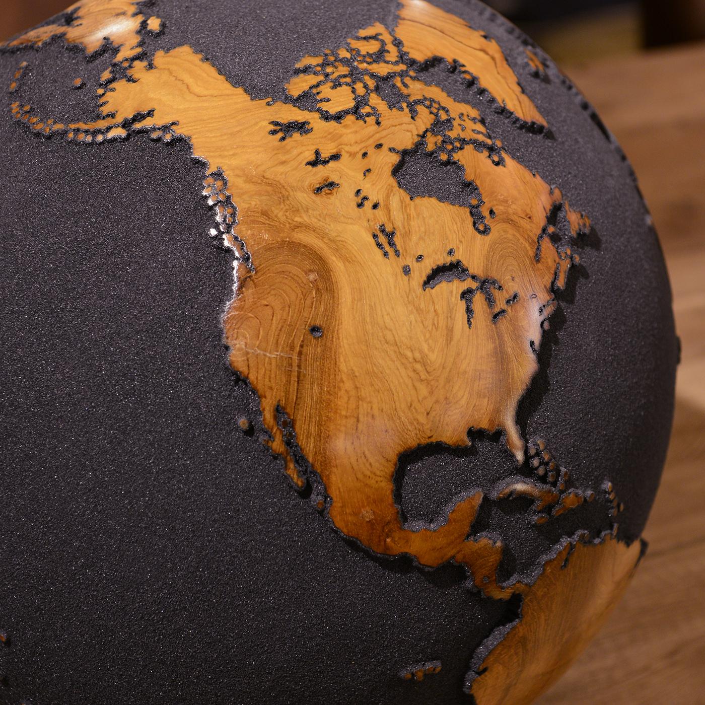 Hand-Carved Earth Globe Black and Teak N°1 Sculpture  For Sale