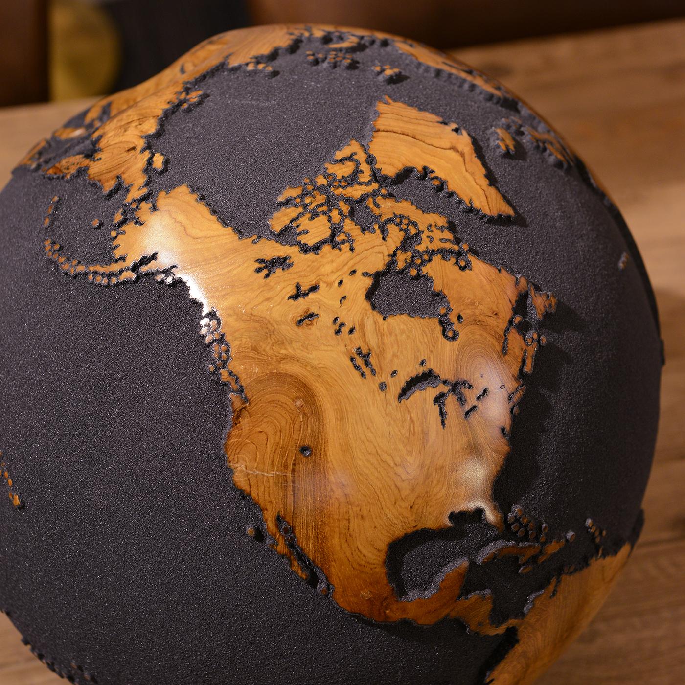 Contemporary Earth Globe Black and Teak N°1 Sculpture  For Sale