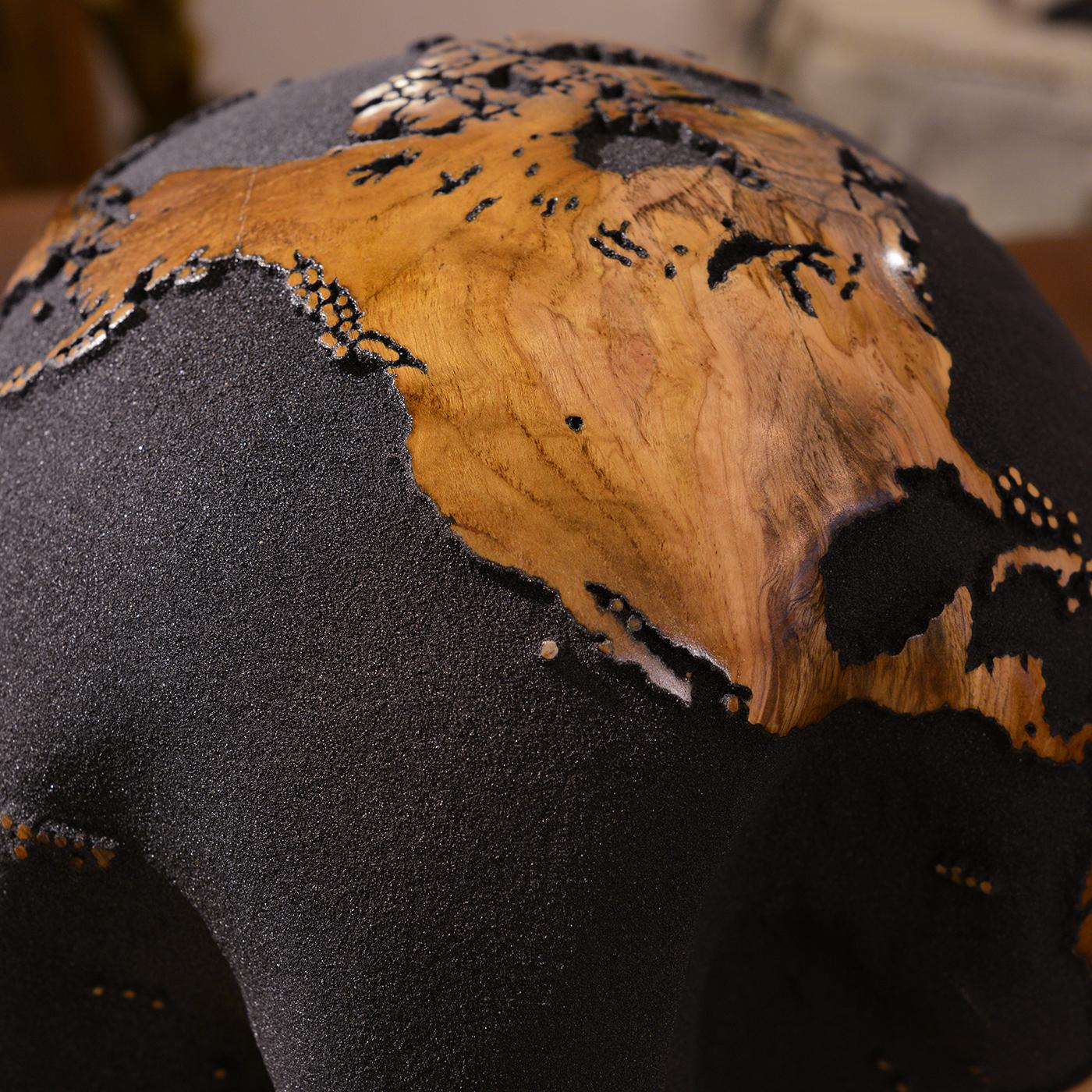 Hand-Carved Earth Globe Black and Teak N°2 Sculpture For Sale