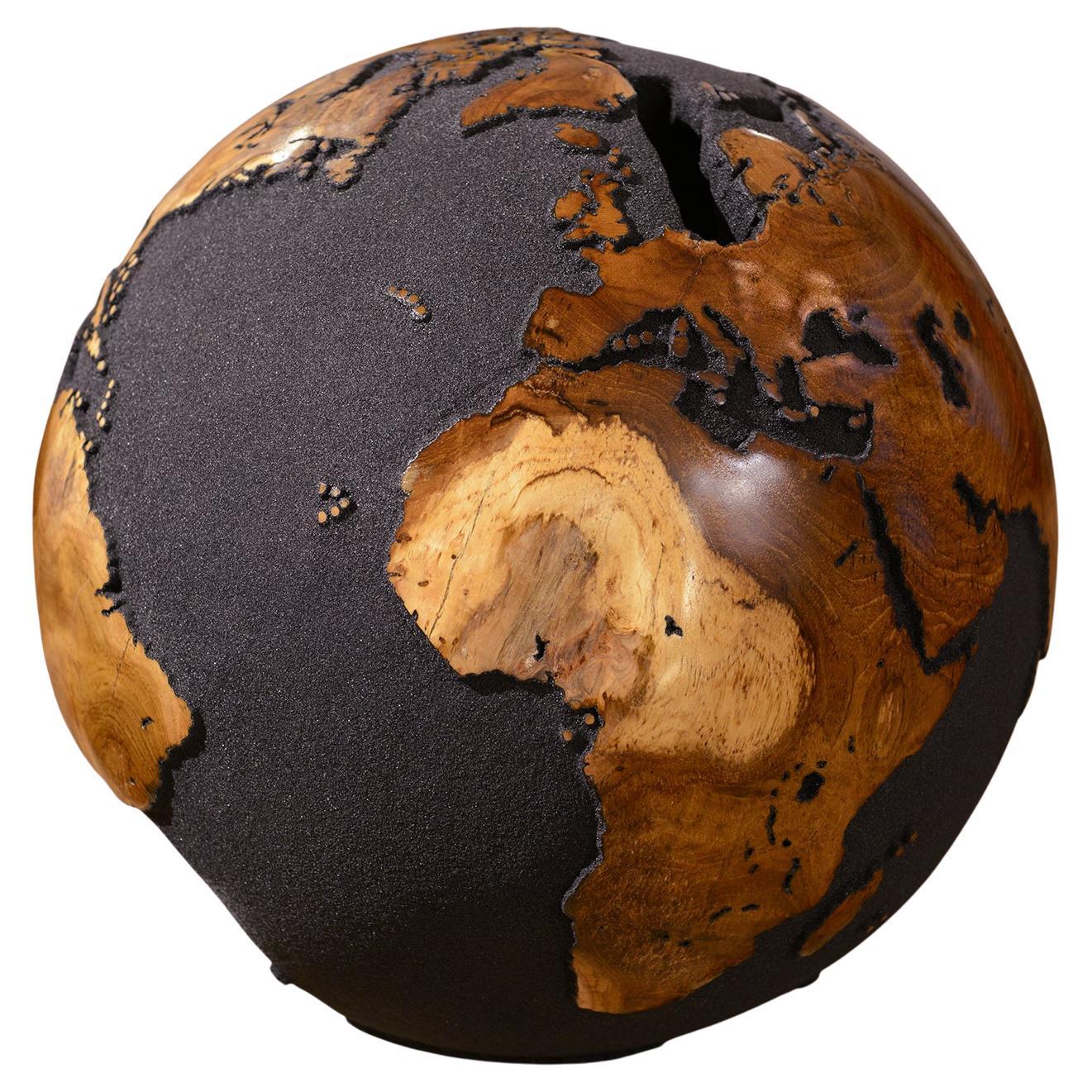 Earth Globe Black and Teak N°2 Sculpture For Sale