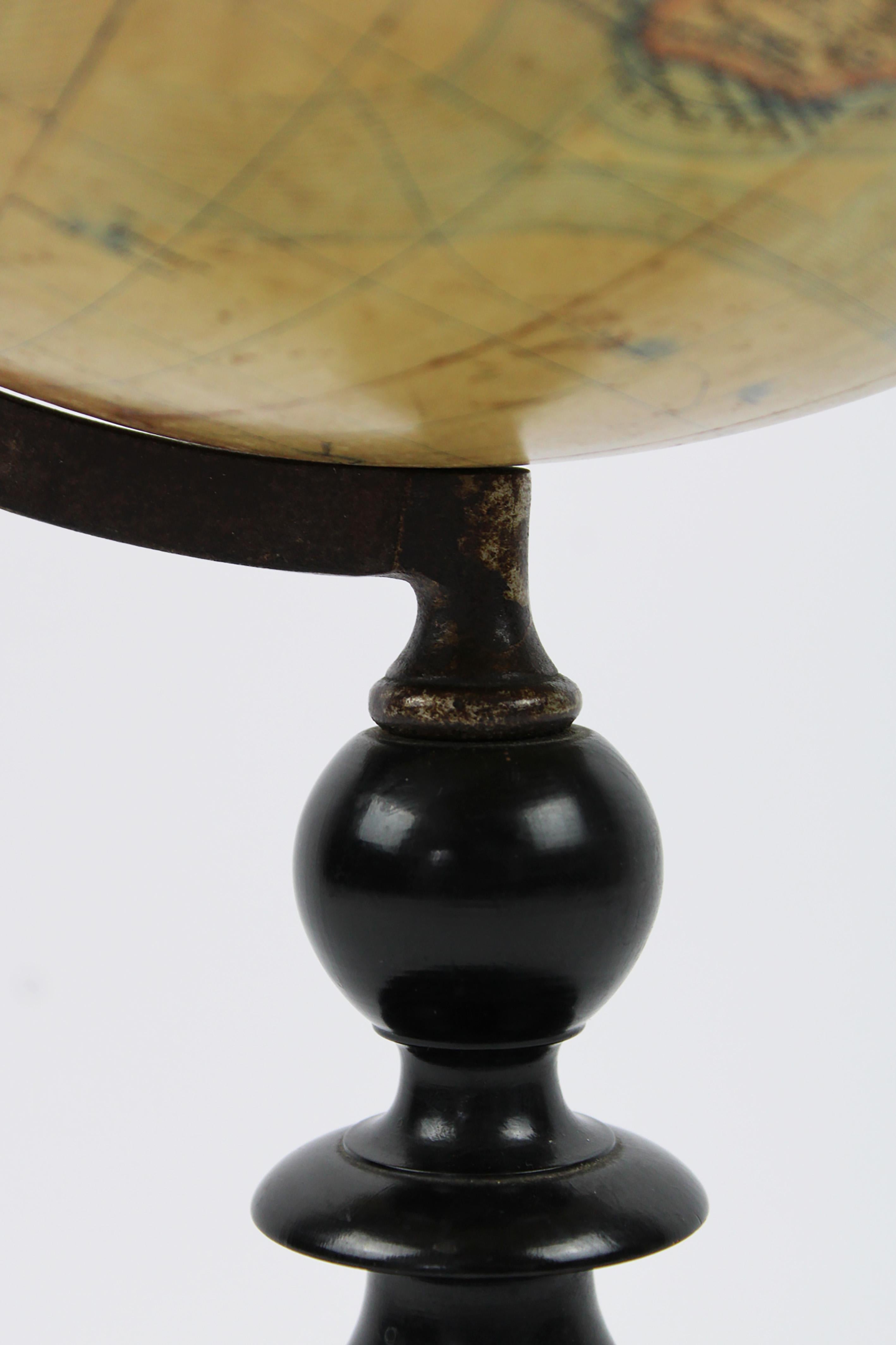Wood Earth Globe by Ernst Schotte hand colored & crafted 1895 Berlin Germany For Sale