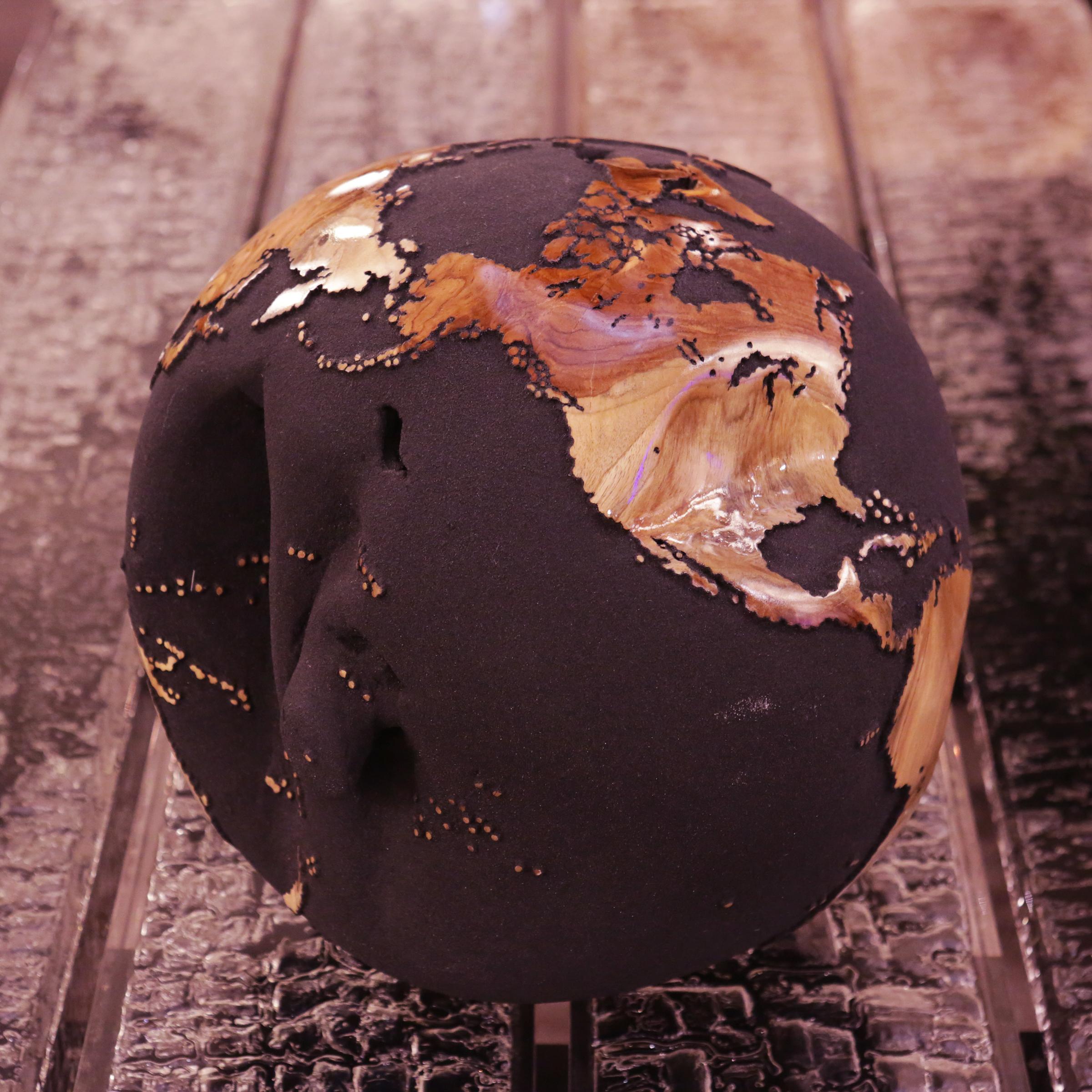 Hand-Carved Earth Globe Volcanic Powder and Teak n°B Sculpture