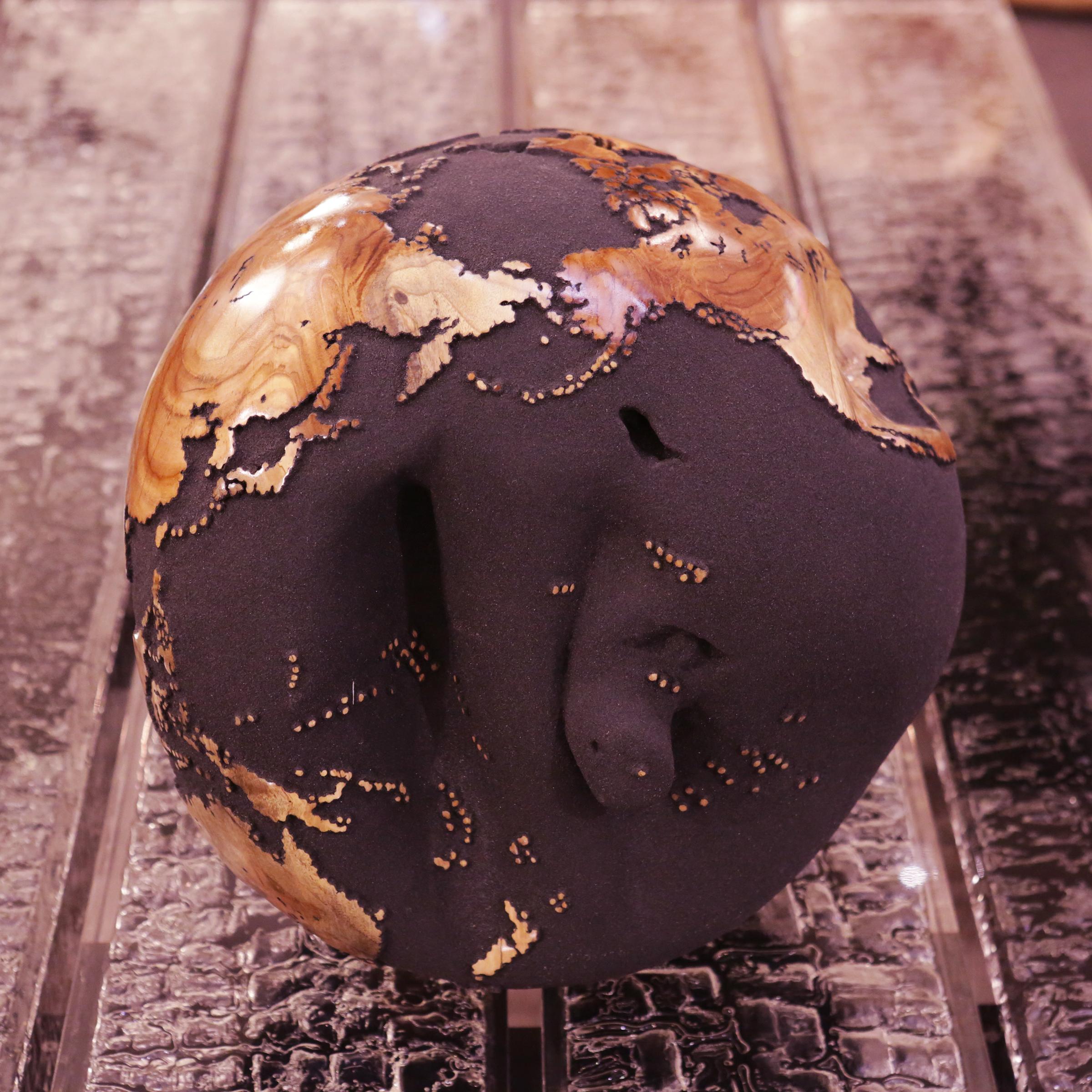 Contemporary Earth Globe Volcanic Powder and Teak n°B Sculpture