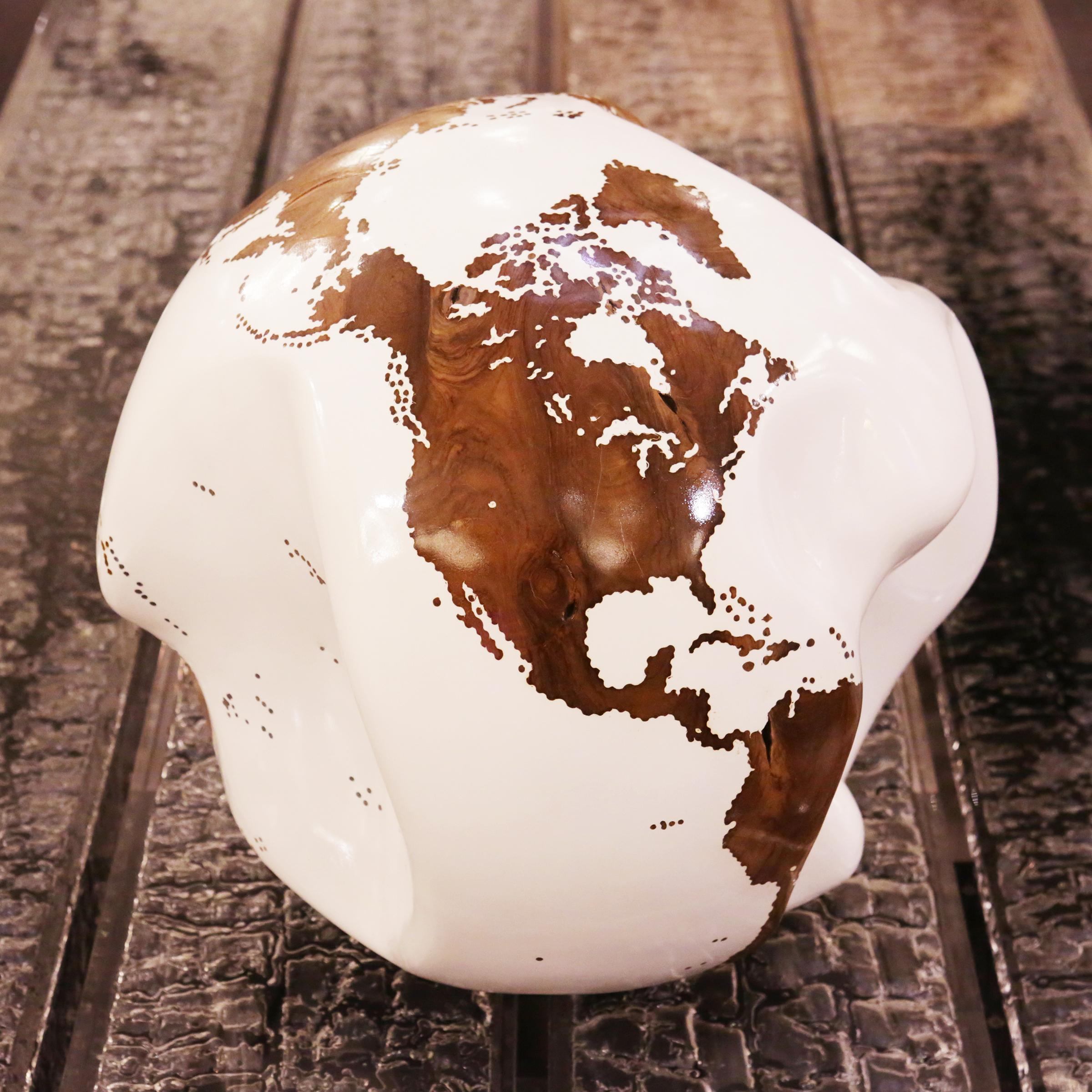 Hand-Carved Earth Globe White and Teak Sculpture