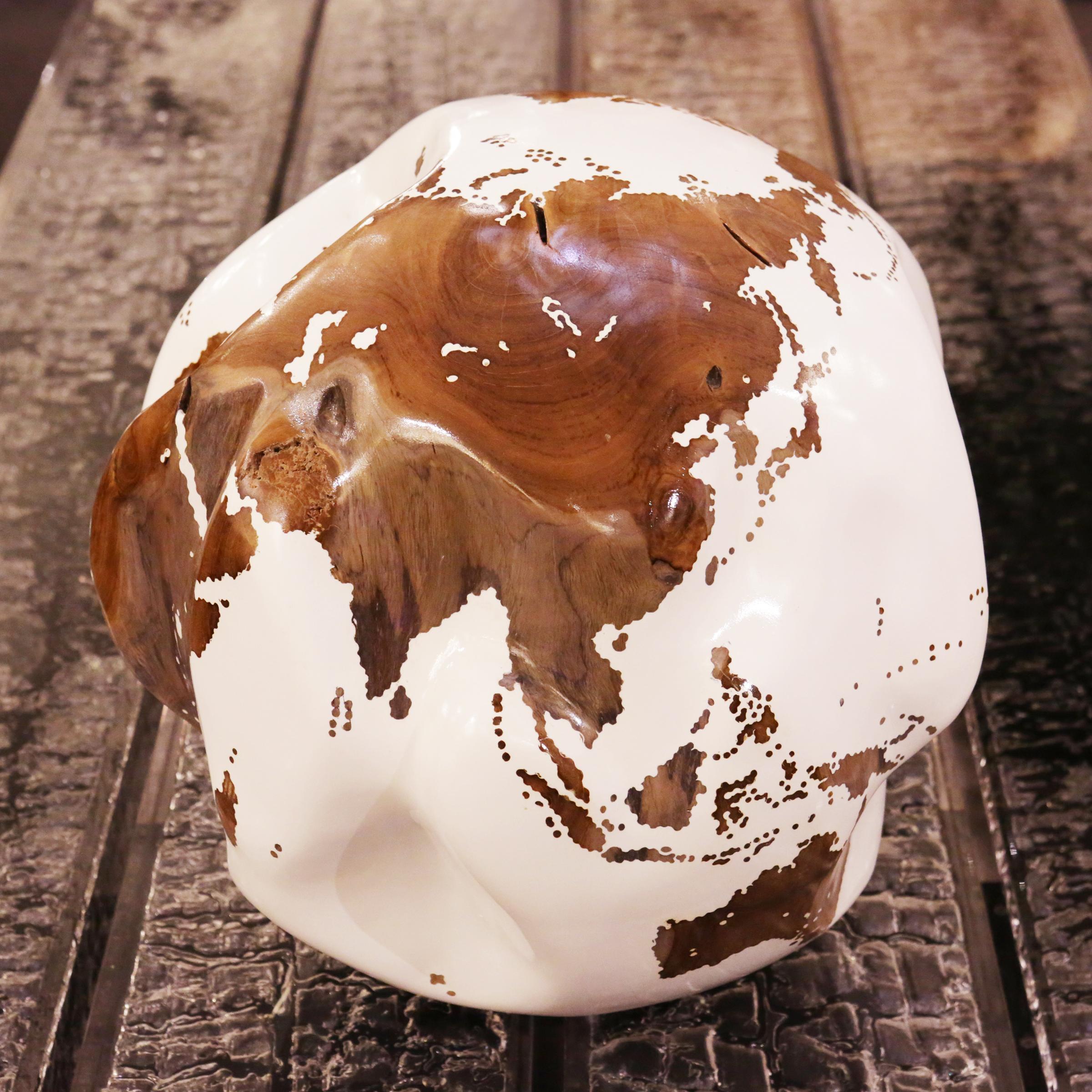 Contemporary Earth Globe White and Teak Sculpture