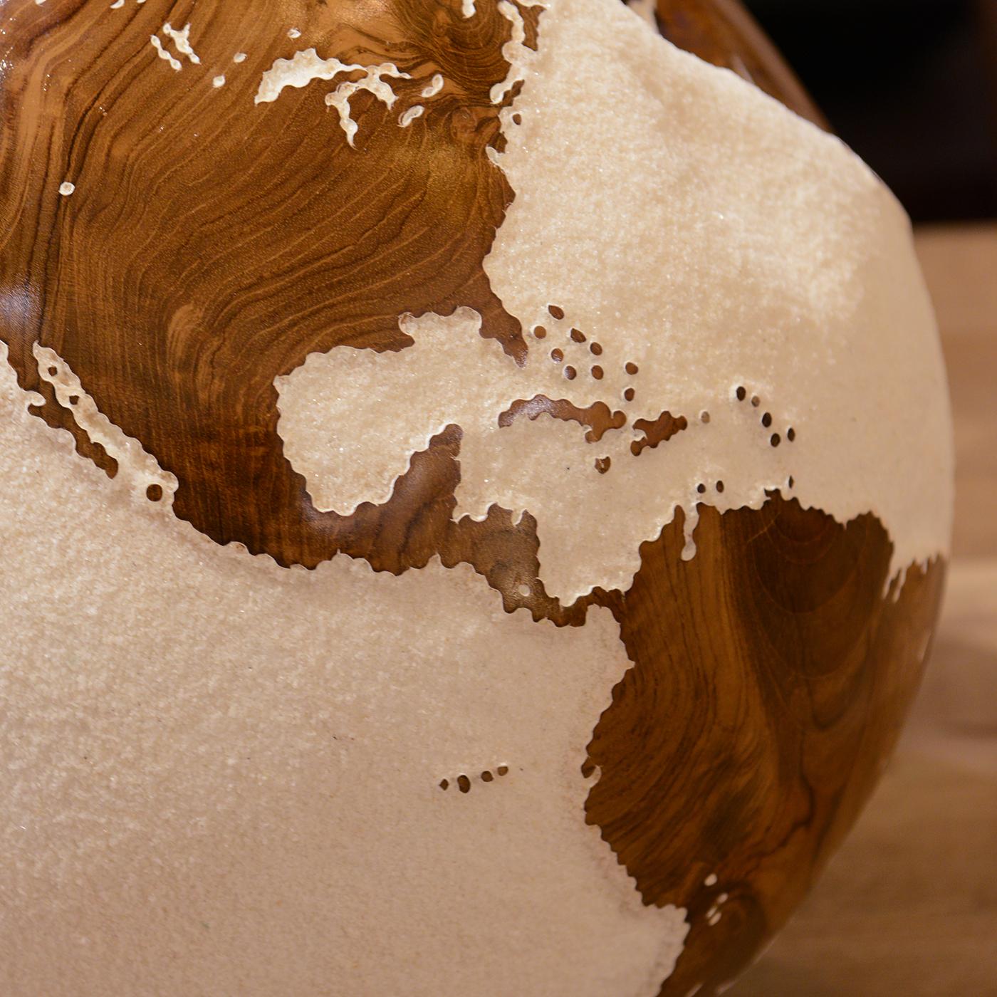 Contemporary Earth Globe White and Teak Sculpture