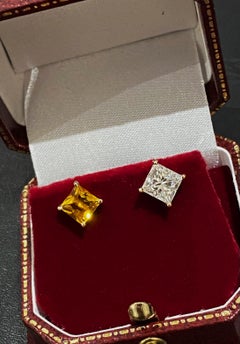 Earth-Mined 1.50ct Princess Cut Diamond, Imperial Citrine 18K Gold Stud Earrings