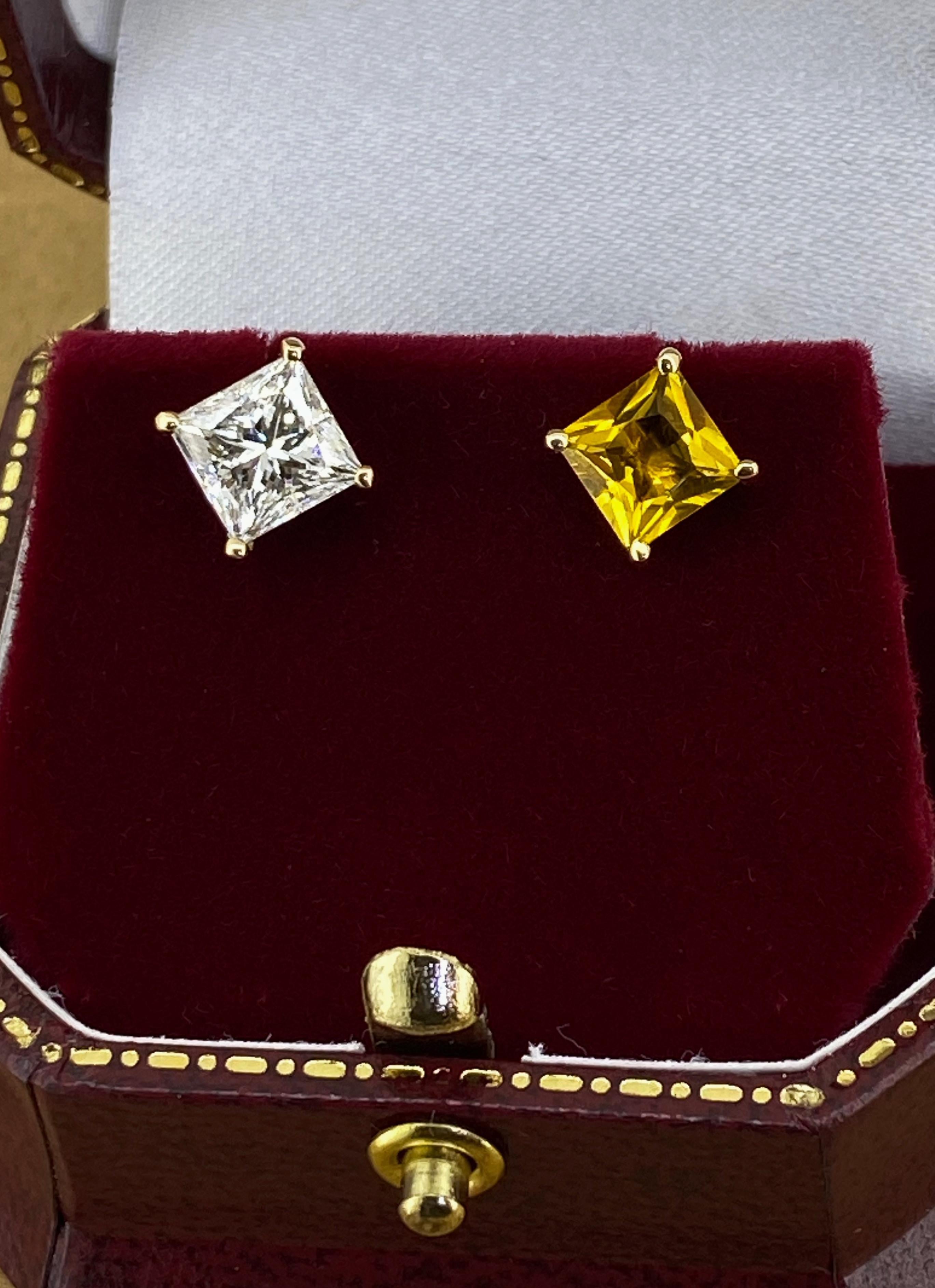 Boucles d'oreilles en or 18K avec un diamant taille princesse de 1,50 carat et une citrine. en vente 1