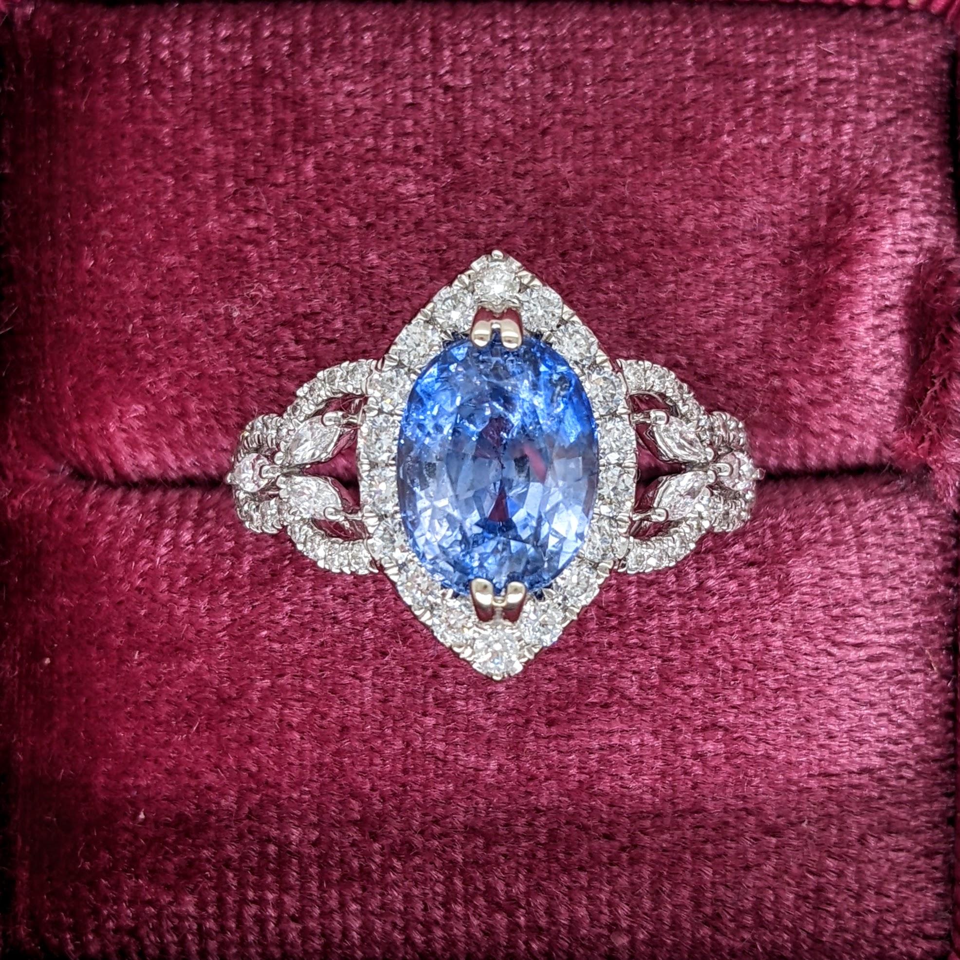 Oval Cut Earth Mined 3.64ct Ceylon Sapphire Ring in 14K White Gold w Diamond Accents