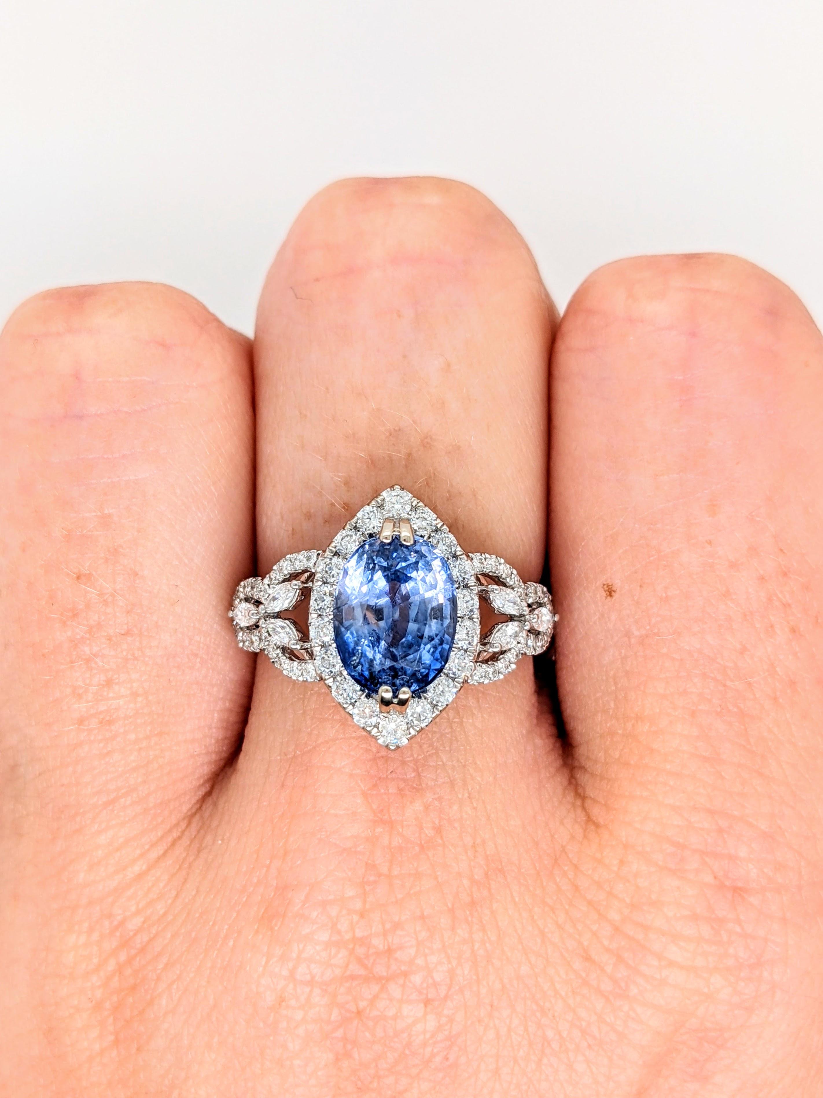 Women's or Men's Earth Mined 3.64ct Ceylon Sapphire Ring in 14K White Gold w Diamond Accents