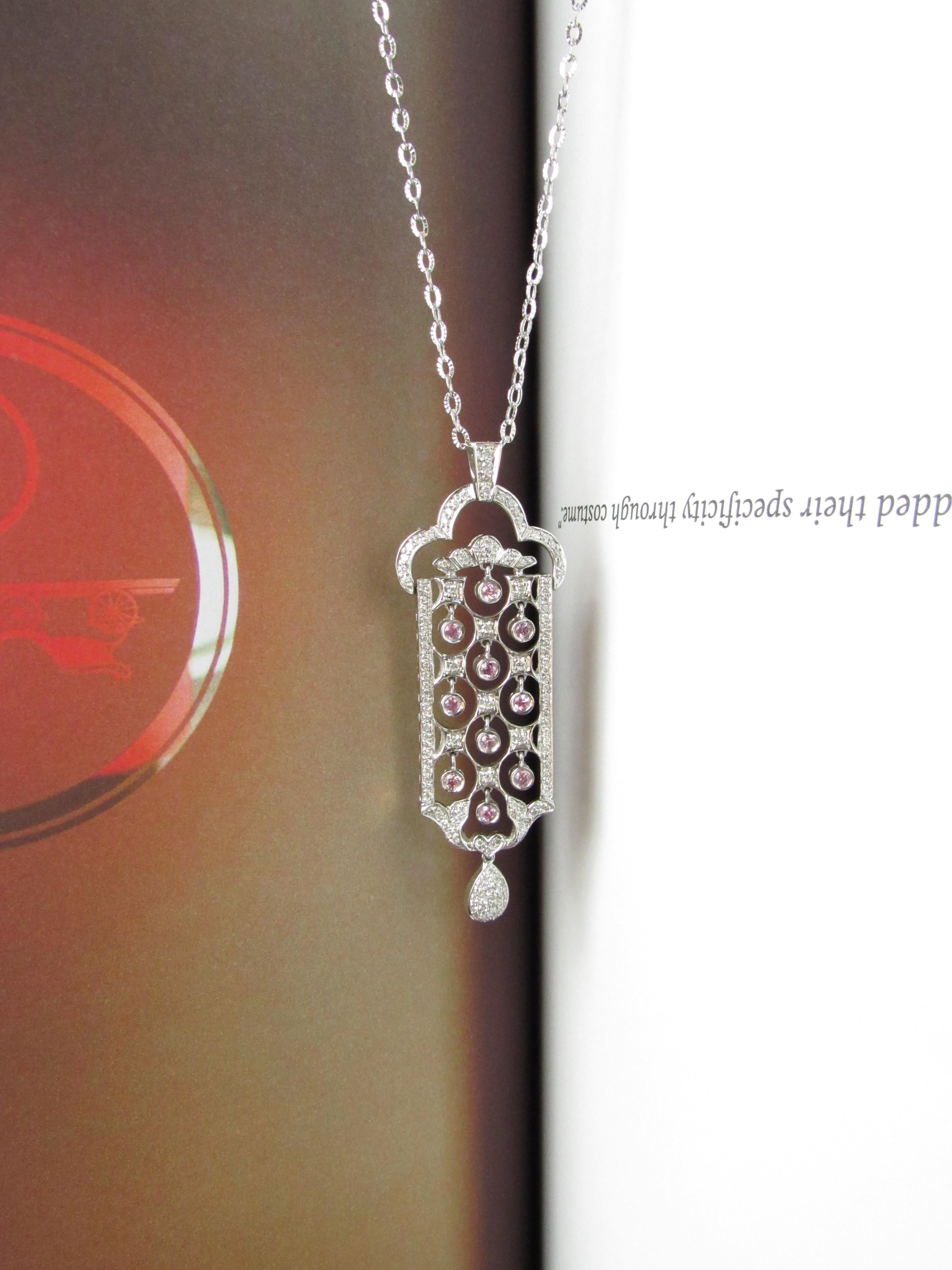 Art Deco Earth Mined Diamond and Pink Tourmaline White Gold Pendant For Sale