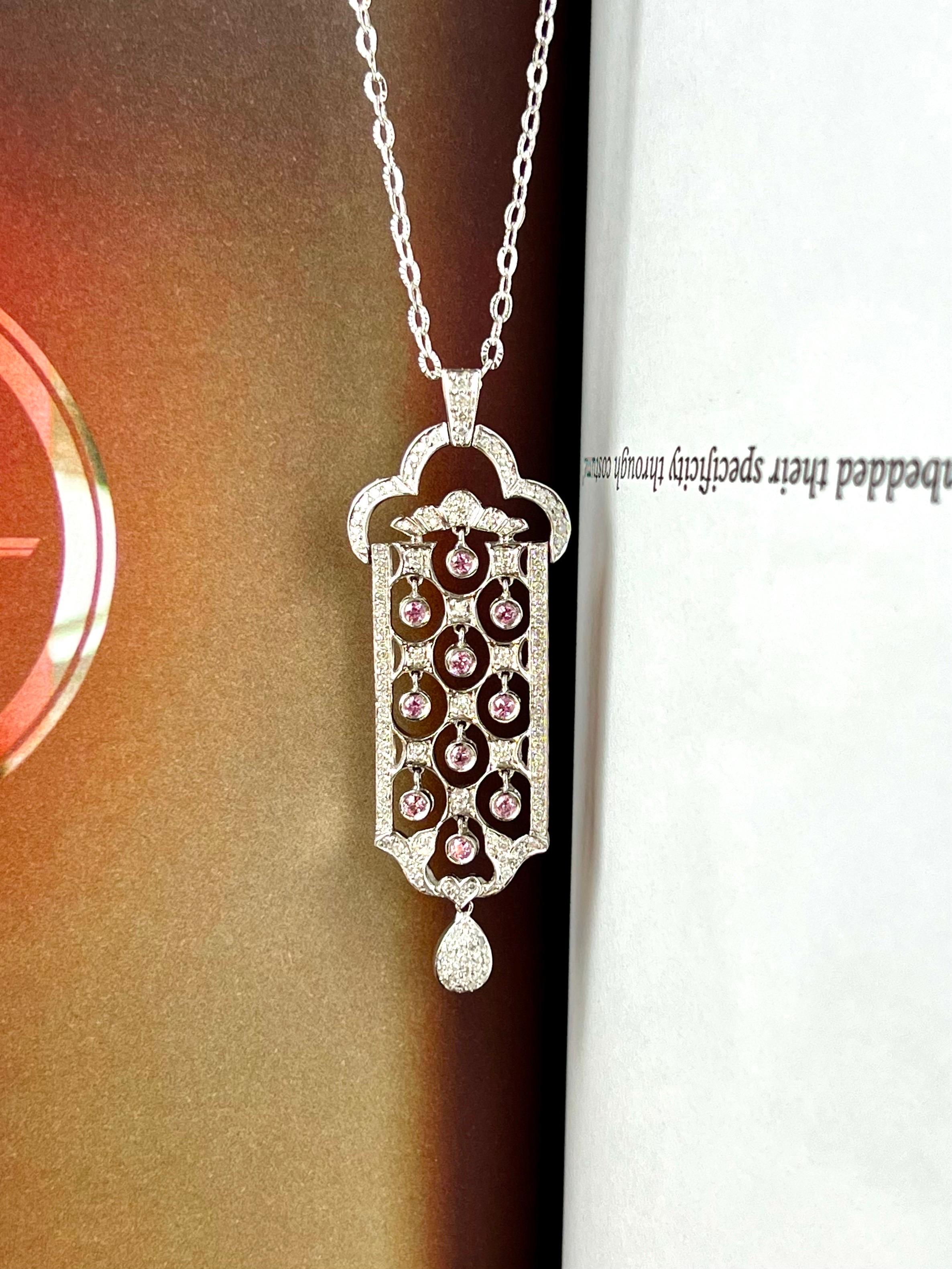 Brilliant Cut Earth Mined Diamond and Pink Tourmaline White Gold Pendant For Sale