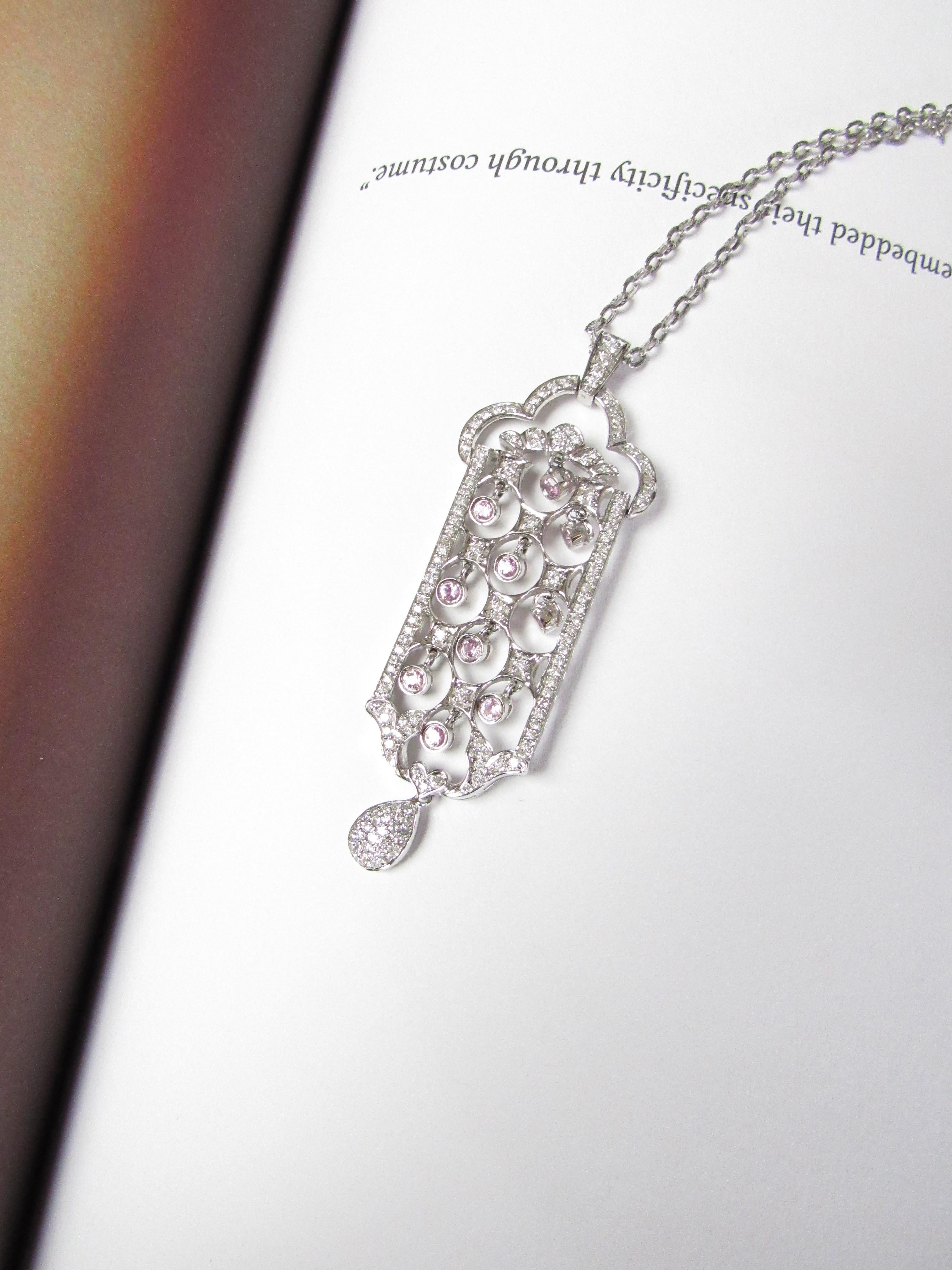 Earth Mined Diamond and Pink Tourmaline White Gold Pendant In Excellent Condition For Sale In Portland, OR