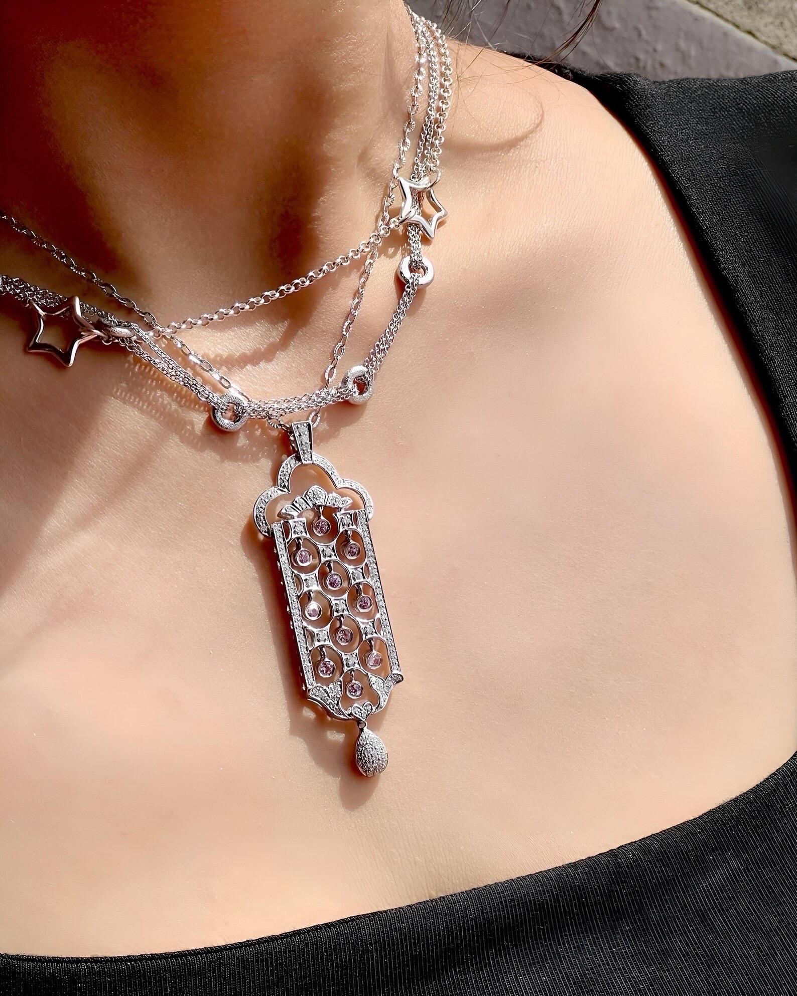 Women's or Men's Earth Mined Diamond and Pink Tourmaline White Gold Pendant For Sale