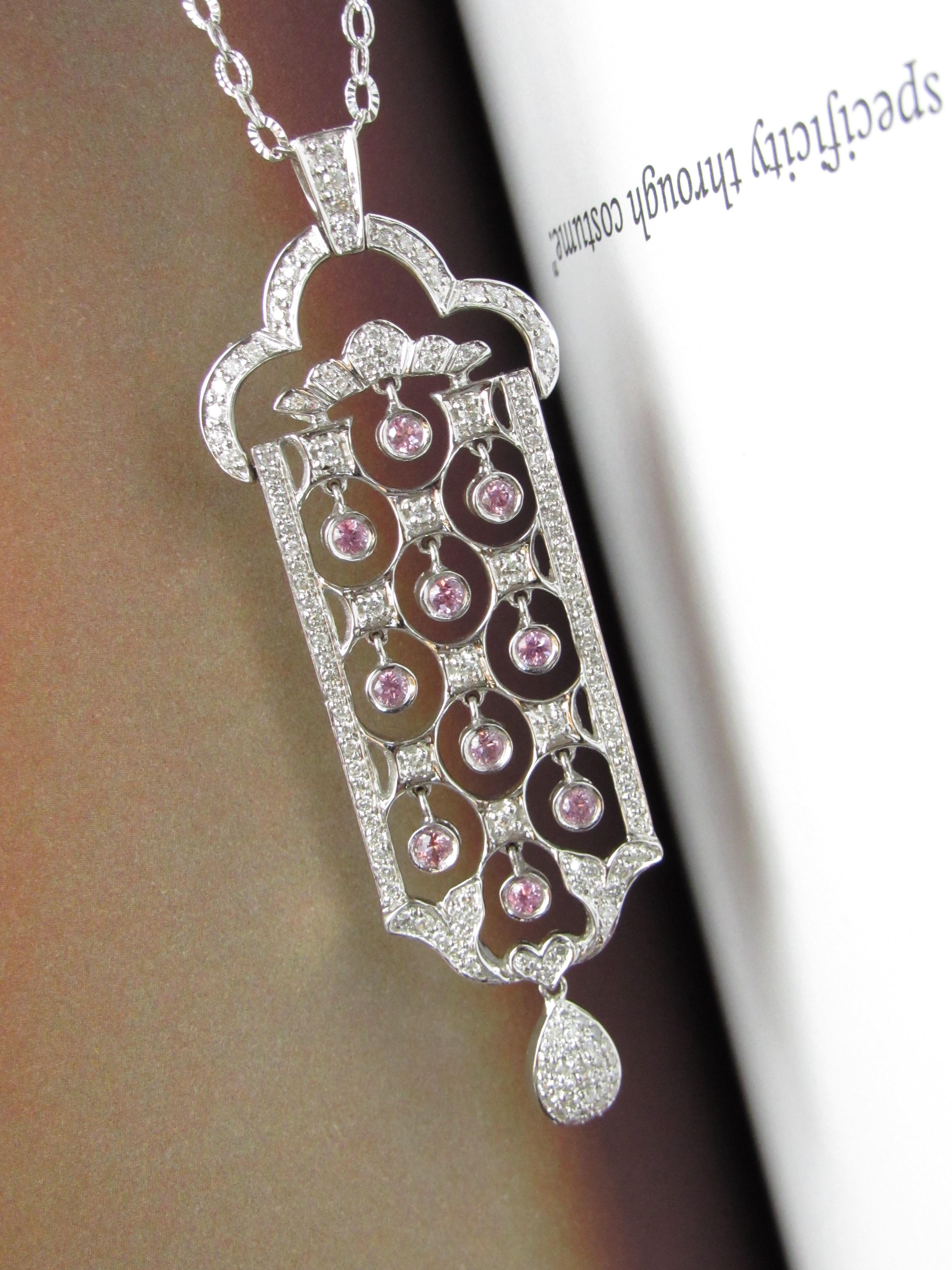 Earth Mined Diamond and Pink Tourmaline White Gold Pendant For Sale 2