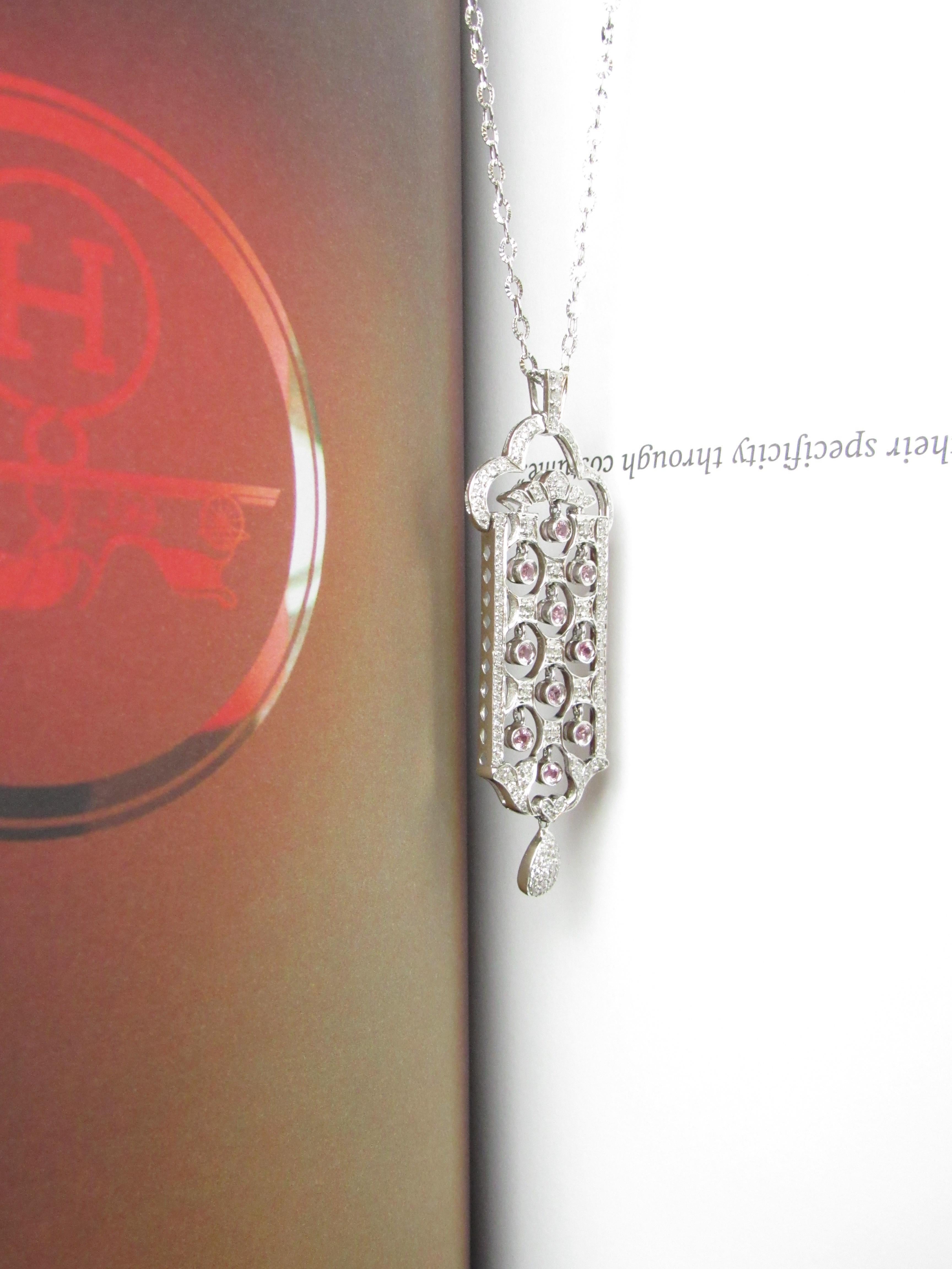 Earth Mined Diamond and Pink Tourmaline White Gold Pendant For Sale 3