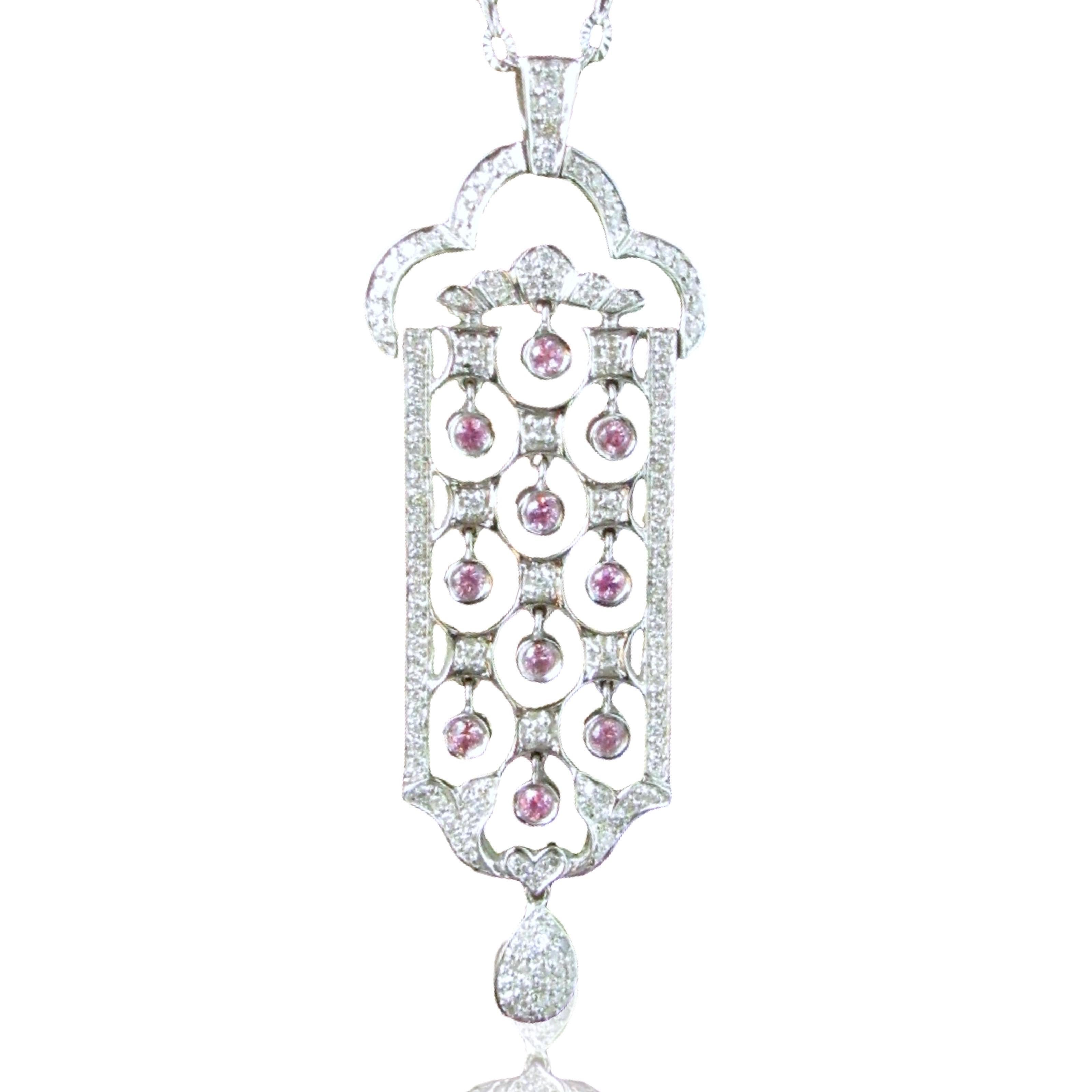 Earth Mined Diamond and Pink Tourmaline White Gold Pendant For Sale