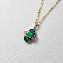 Earth-Moon Design Australian Black Opal Diamond Necklace 18K Yellow Gold