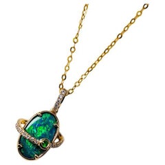 Earth-Moon Design Australian Black Opal Diamond Necklace 18K Yellow Gold