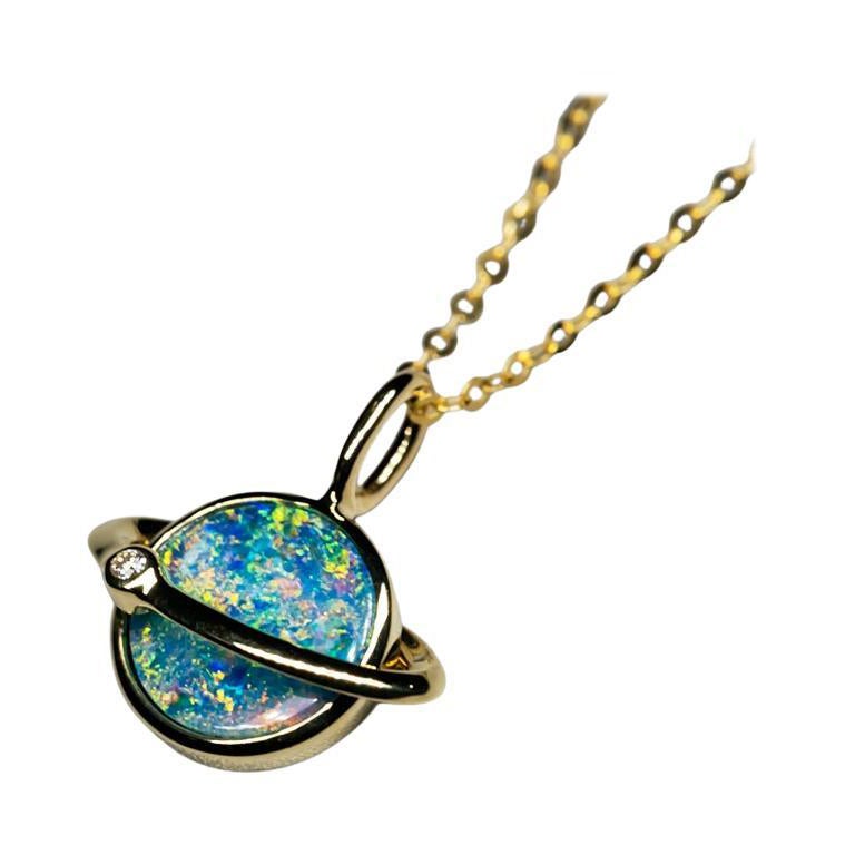 Earth Moon Design Australian Doublet Opal & Diamond 14k Yellow Gold Pendant